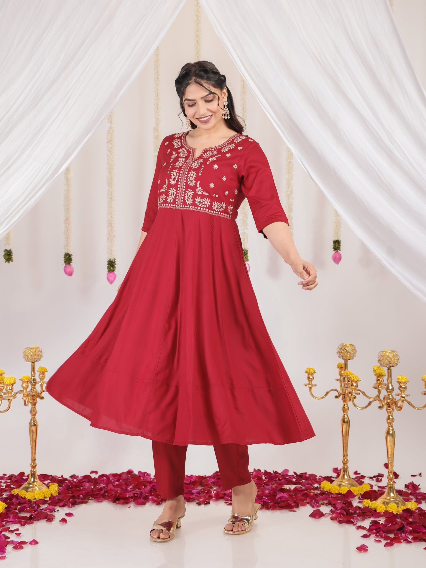 Embroidered Viscose Solid Anarkali Maroon Kurta