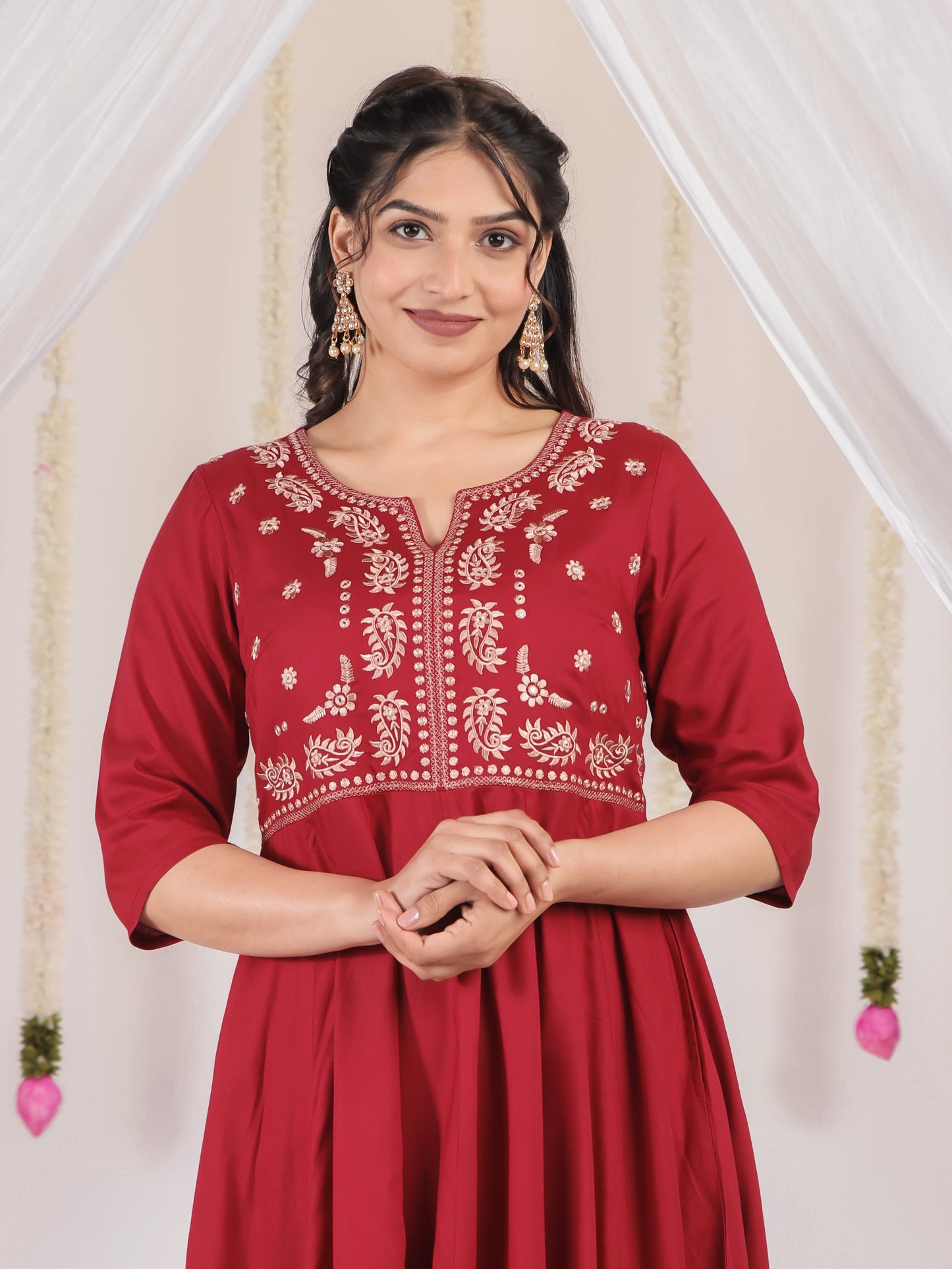 Embroidered Viscose Solid Anarkali Maroon Kurta