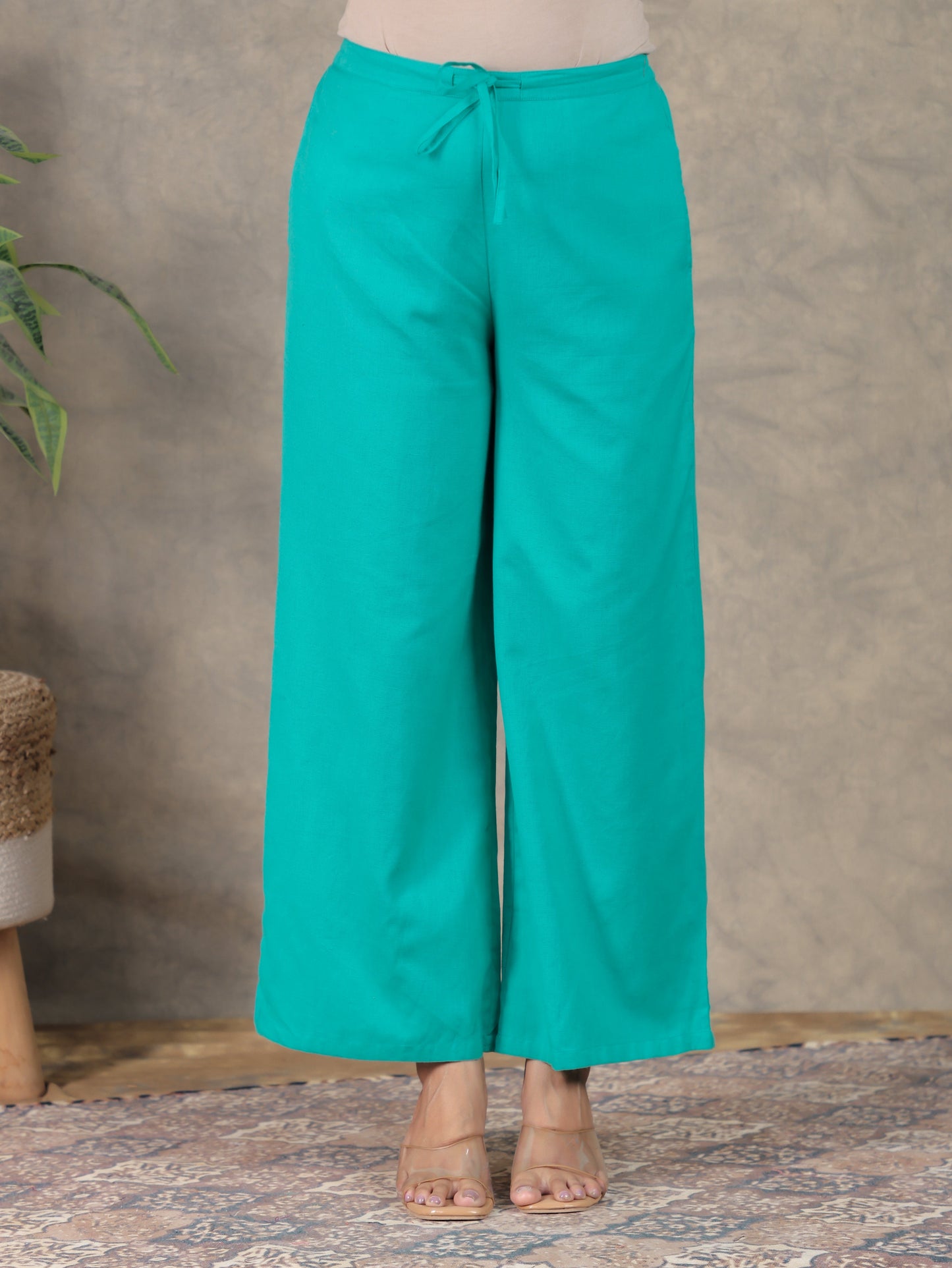 Linen Cotton Solid Sea Green Tapered Trousers