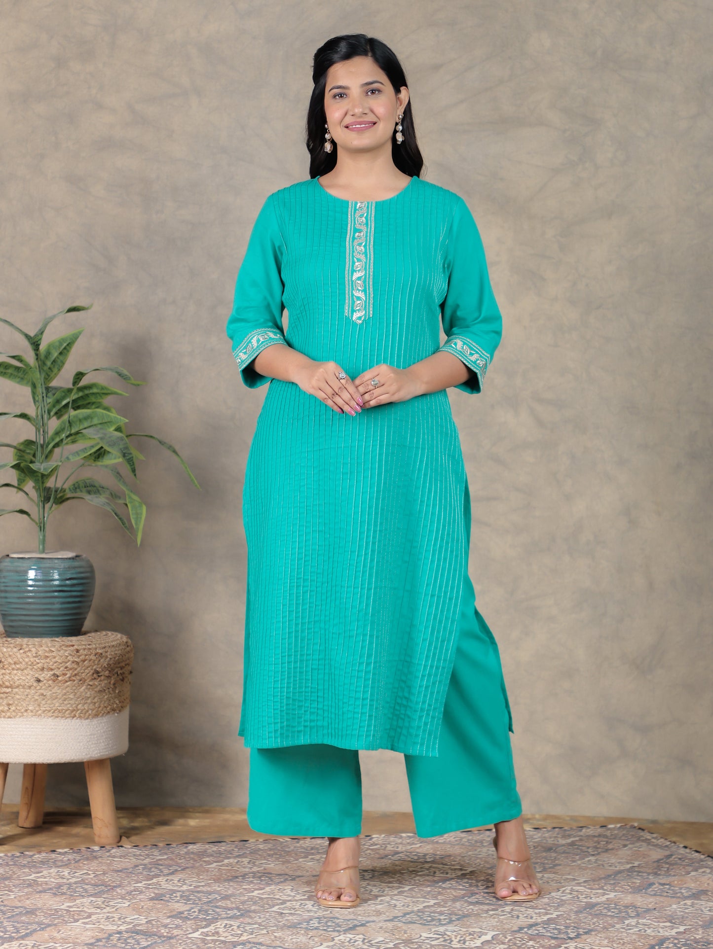 Embroidered Linen Cotton Solid Straight Sea Green Kurta