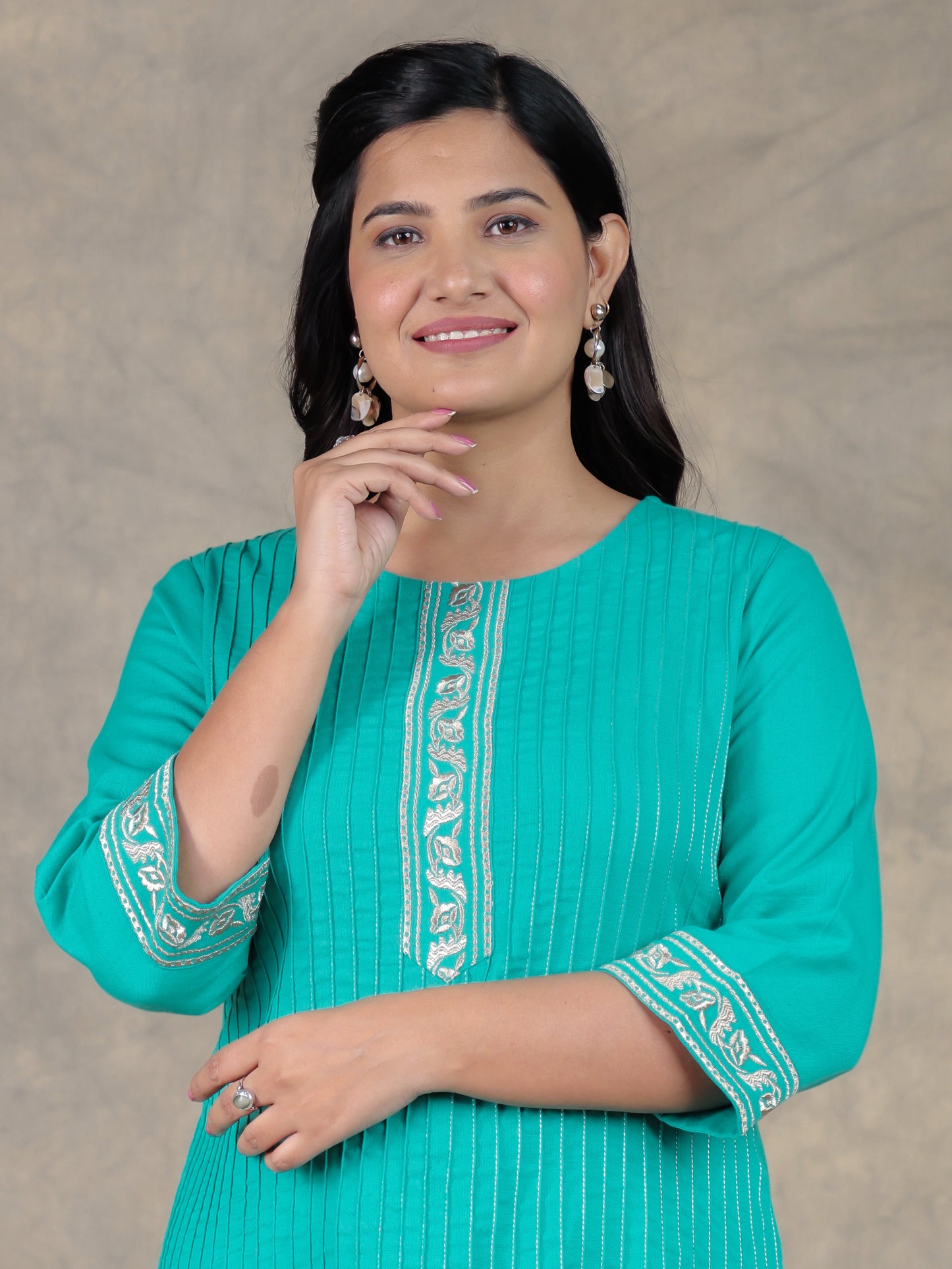 Embroidered Linen Cotton Solid Straight Sea Green Kurta