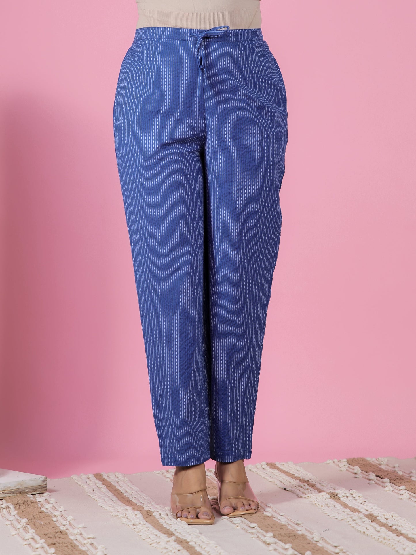 Kantha Cotton Solid Blue Tapered Trousers