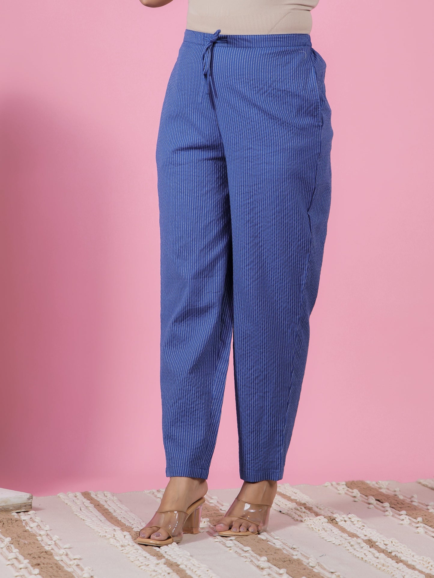 Kantha Cotton Solid Blue Tapered Trousers