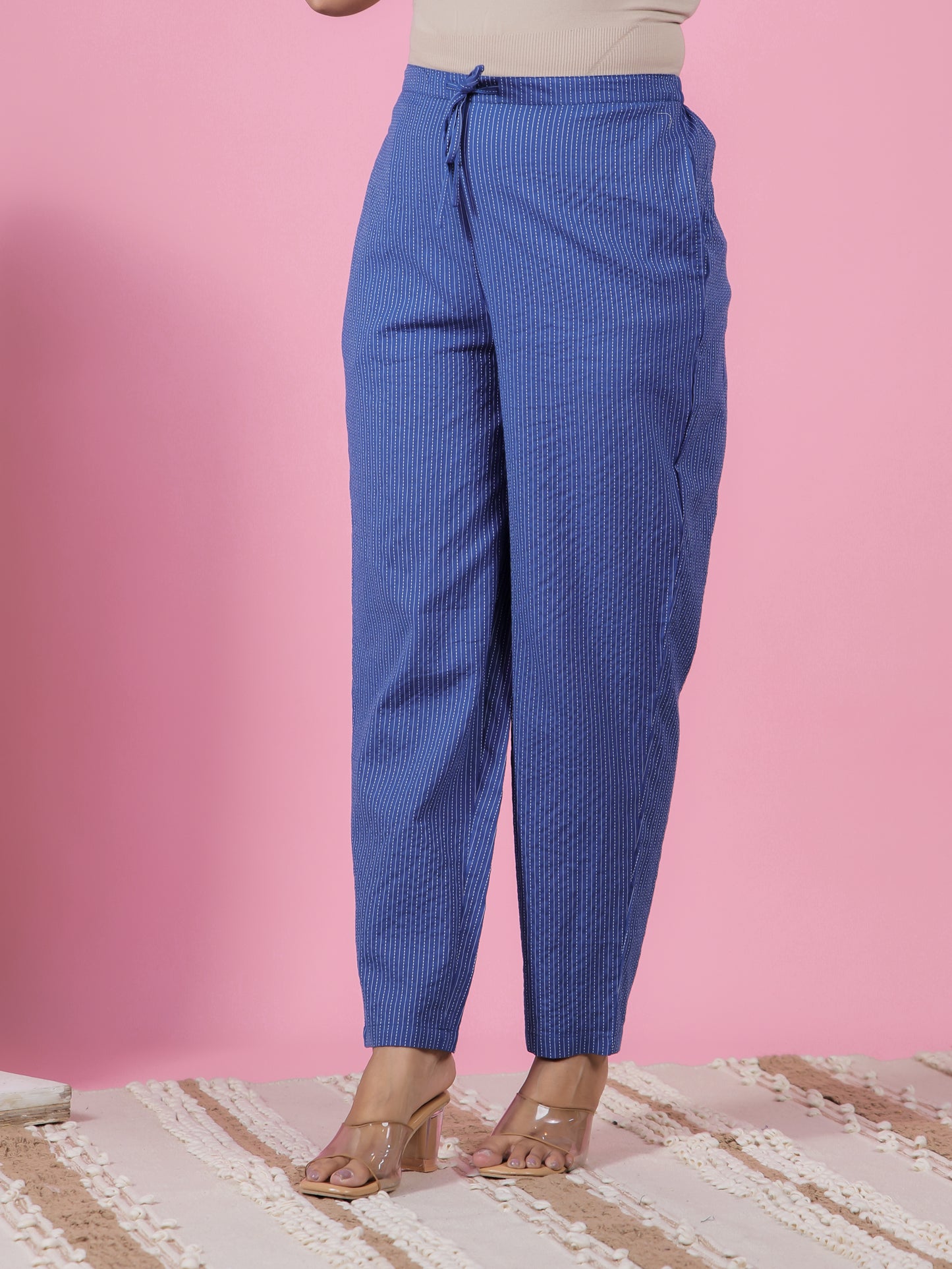 Kantha Cotton Solid A-line Blue Kurta