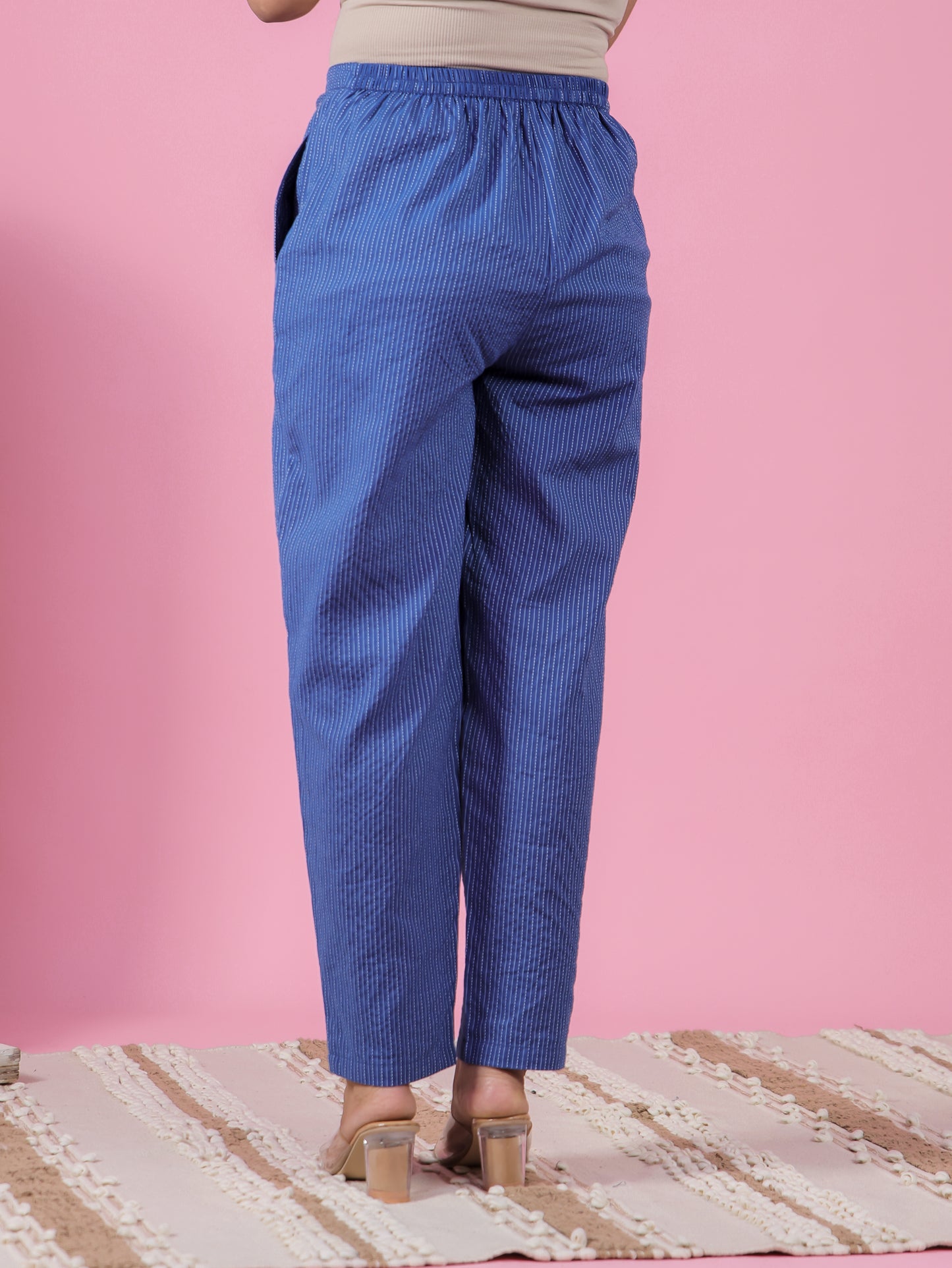 Kantha Cotton Solid A-line Blue Kurta