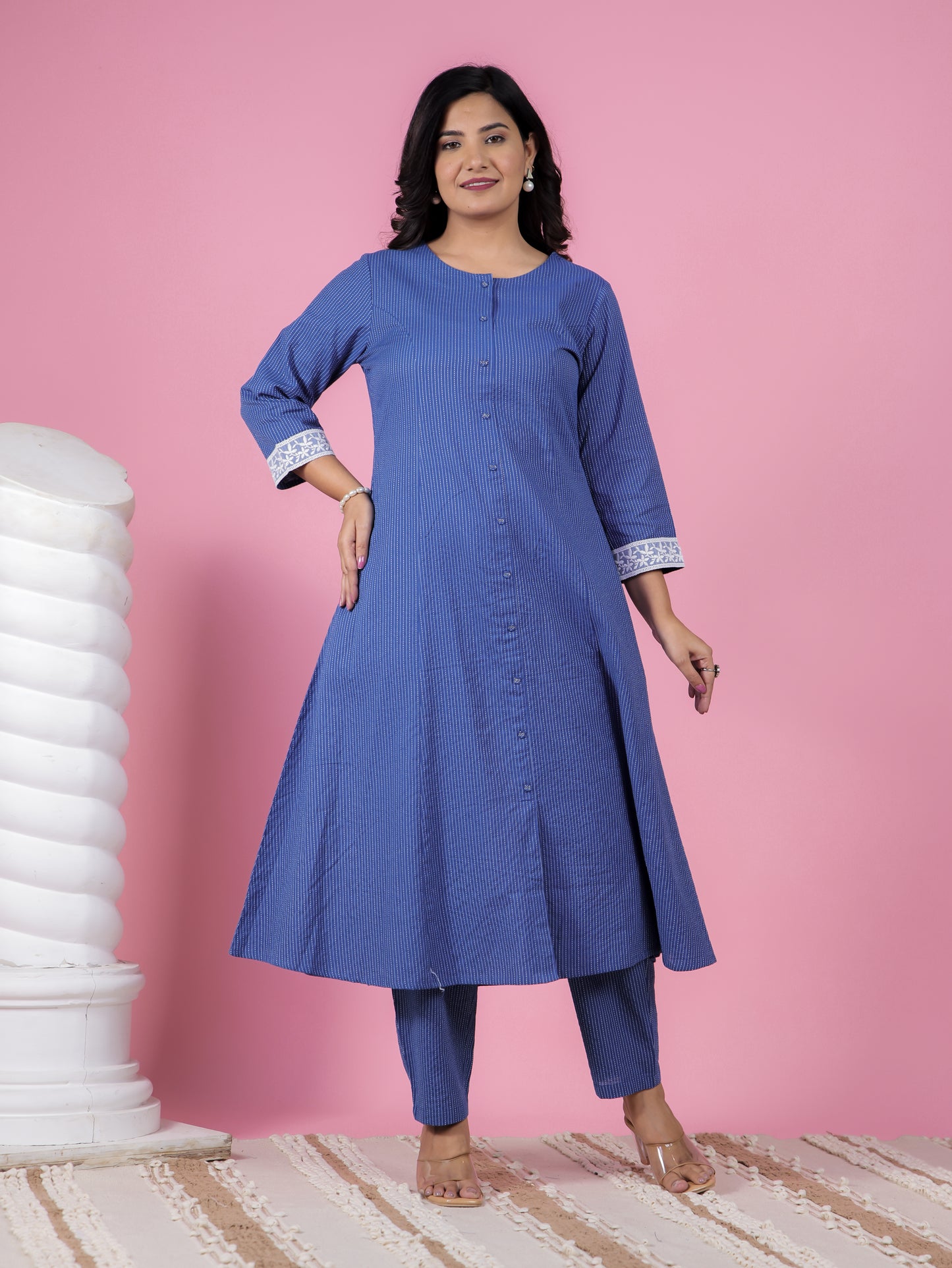 Kantha Cotton Solid A-line Blue Kurta