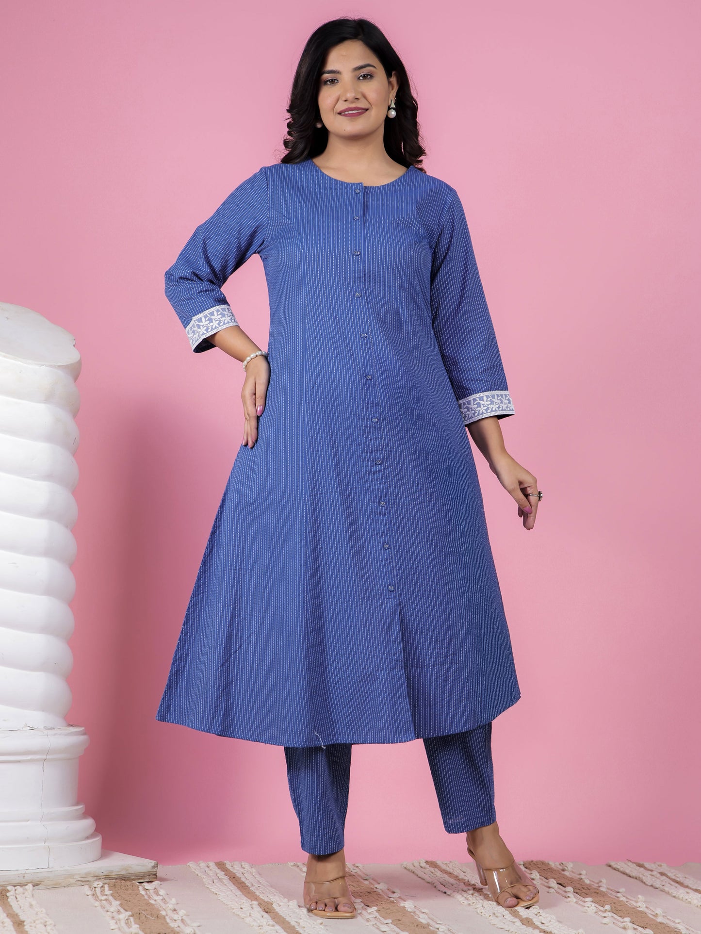 Kantha Cotton Solid Straight Blue Kurta