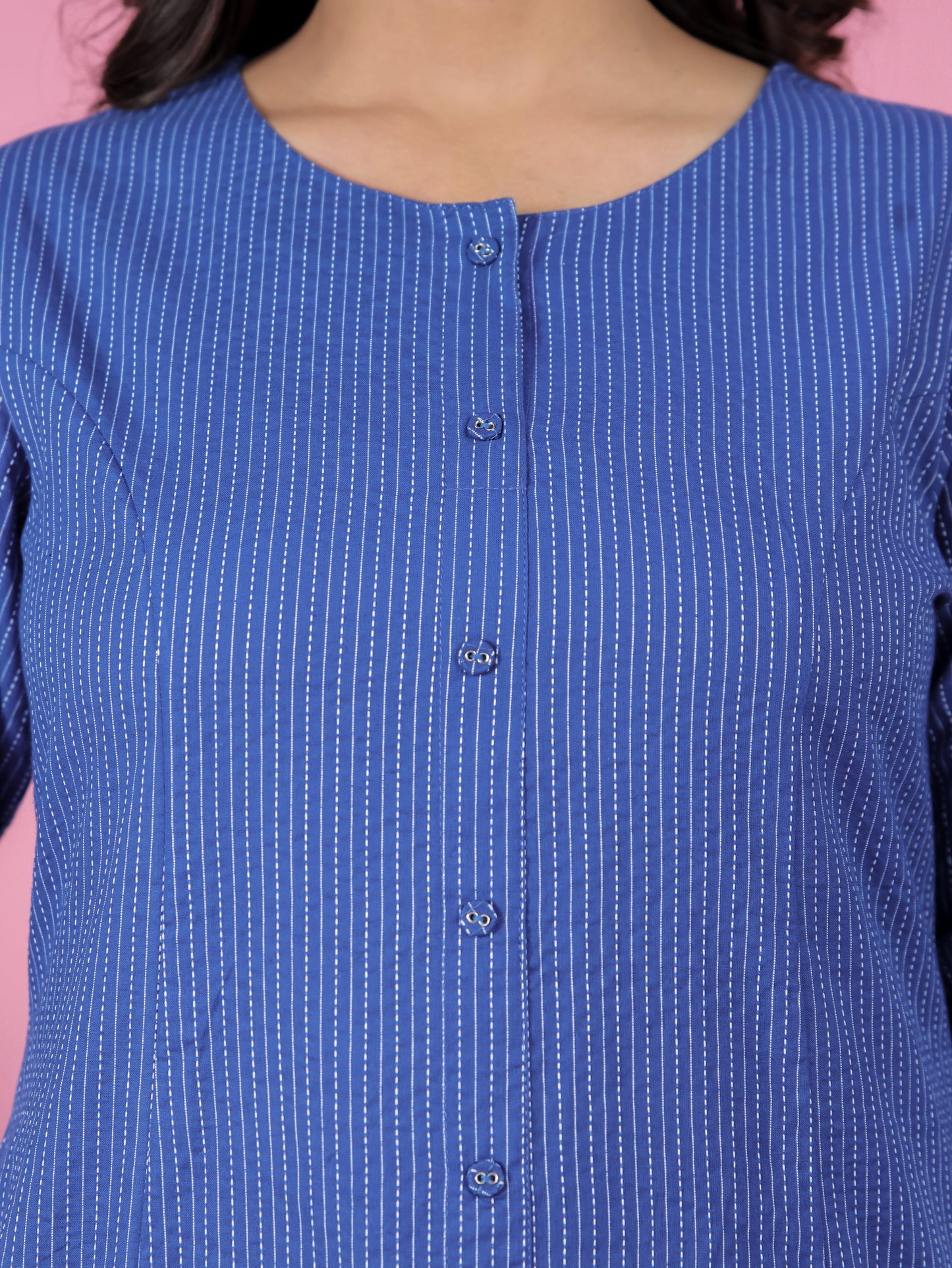 Kantha Cotton Solid Straight Blue Kurta