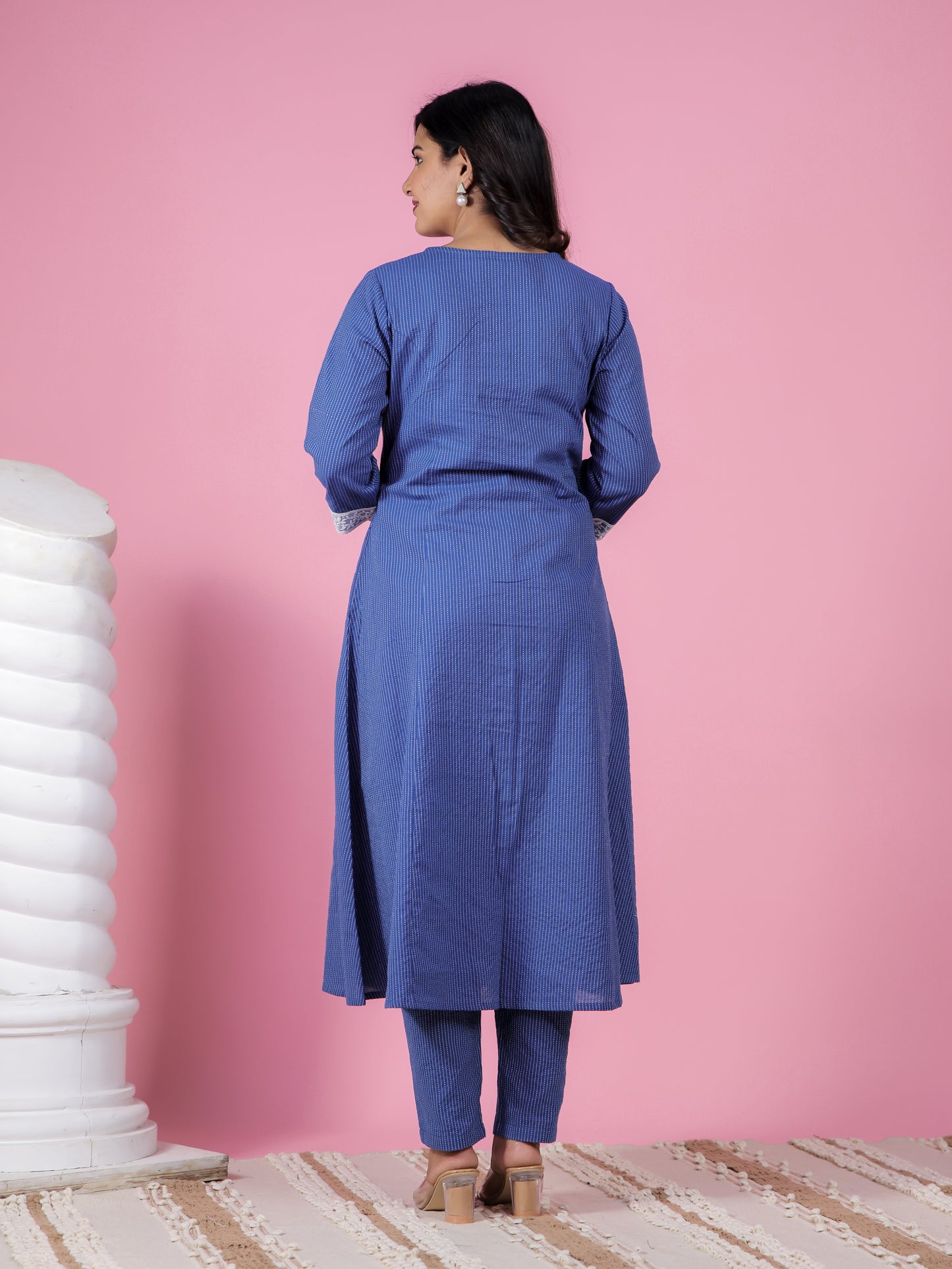 Kantha Cotton Solid A-line Blue Kurta
