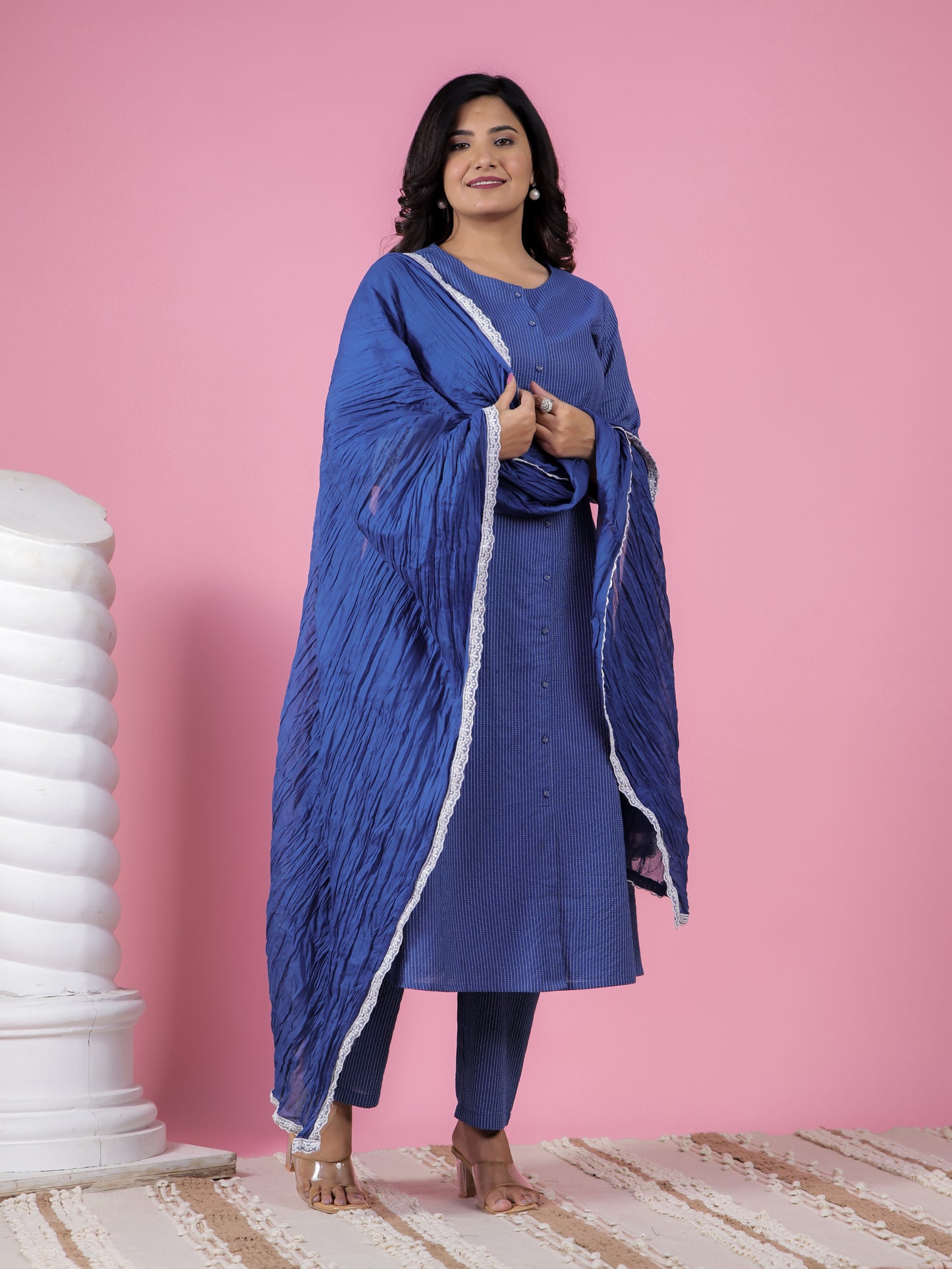 Kantha Cotton Solid A-line Blue Kurta