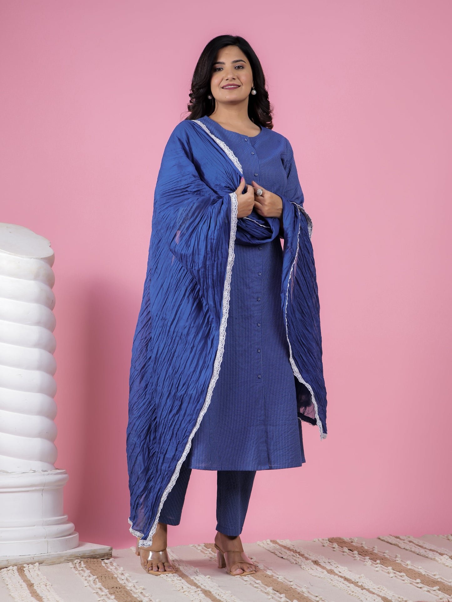 Kantha Cotton Solid Straight Blue Kurta