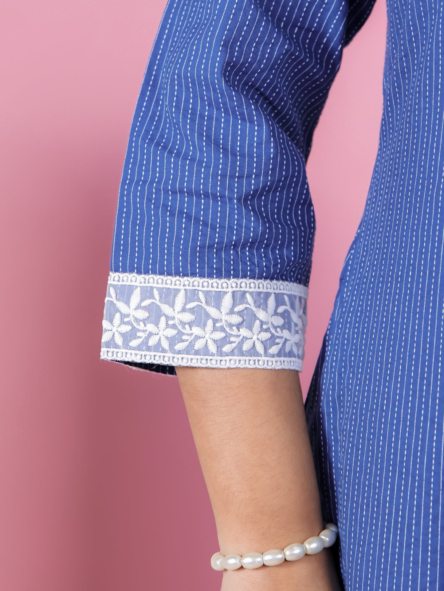 Kantha Cotton Solid A-line Blue Kurta