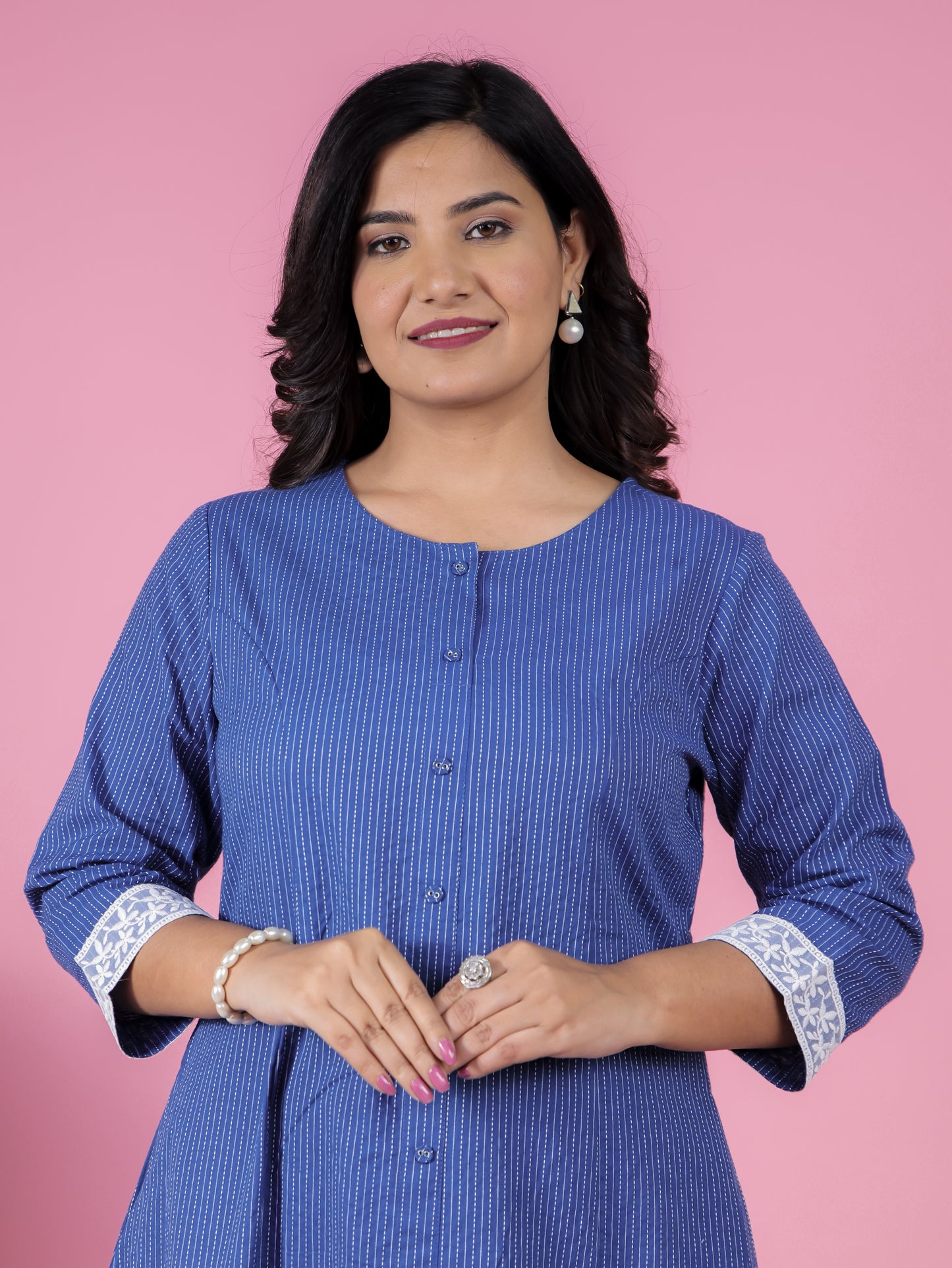 Kantha Cotton Solid A-line Blue Kurta