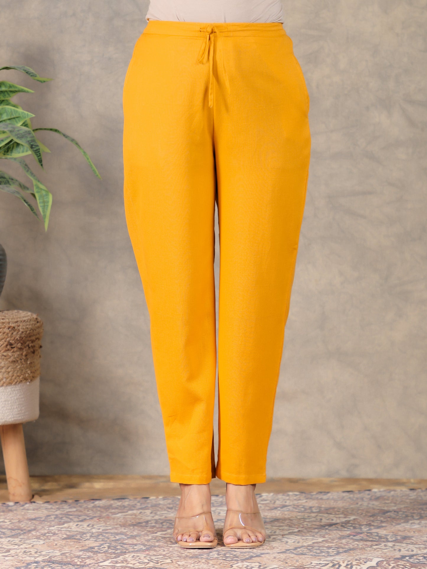 Linen Cotton Solid Yellow Tapered Trousers