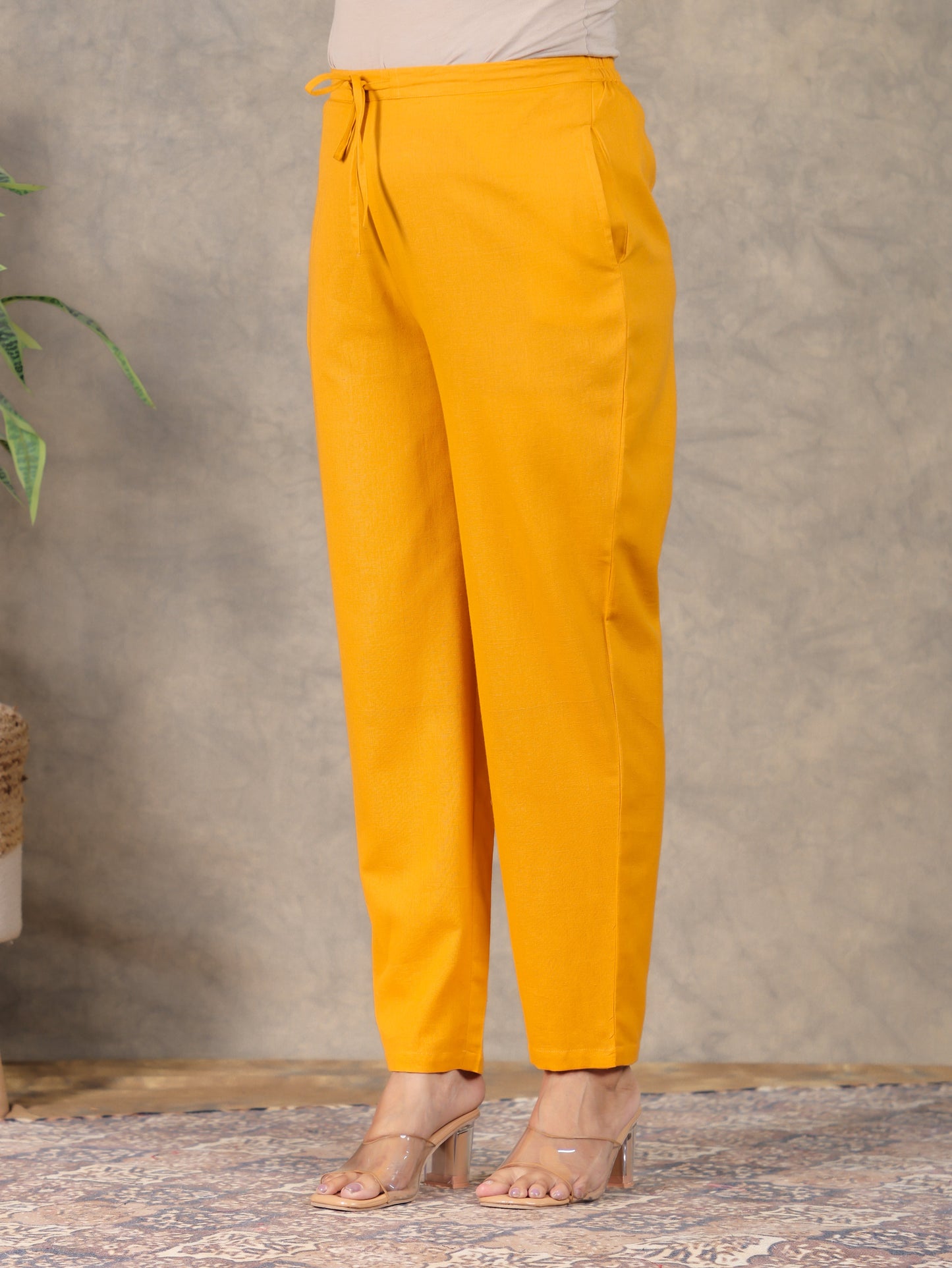 Linen Cotton Solid Yellow Tapered Trousers