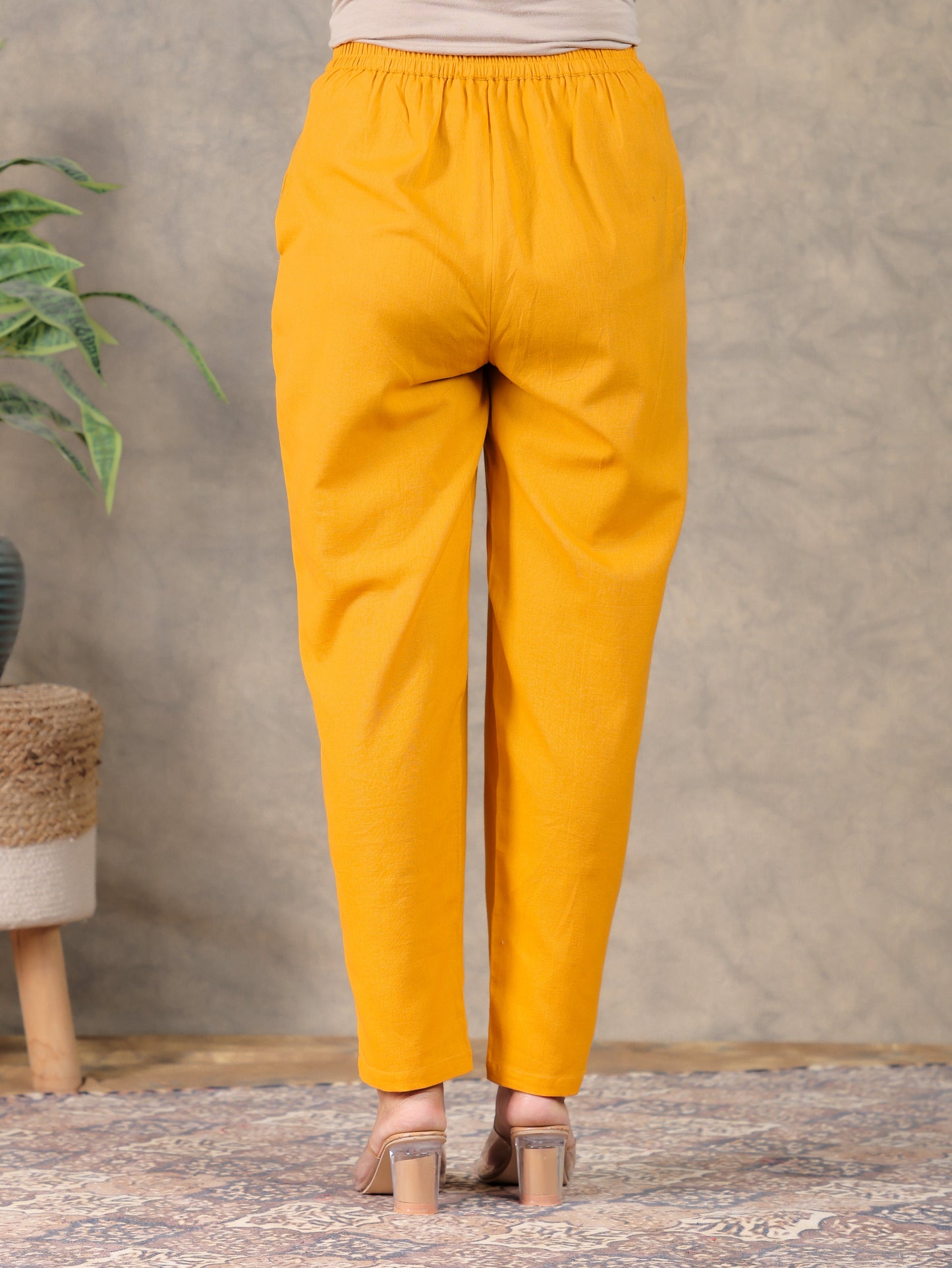 Linen Cotton Solid Yellow Tapered Trousers