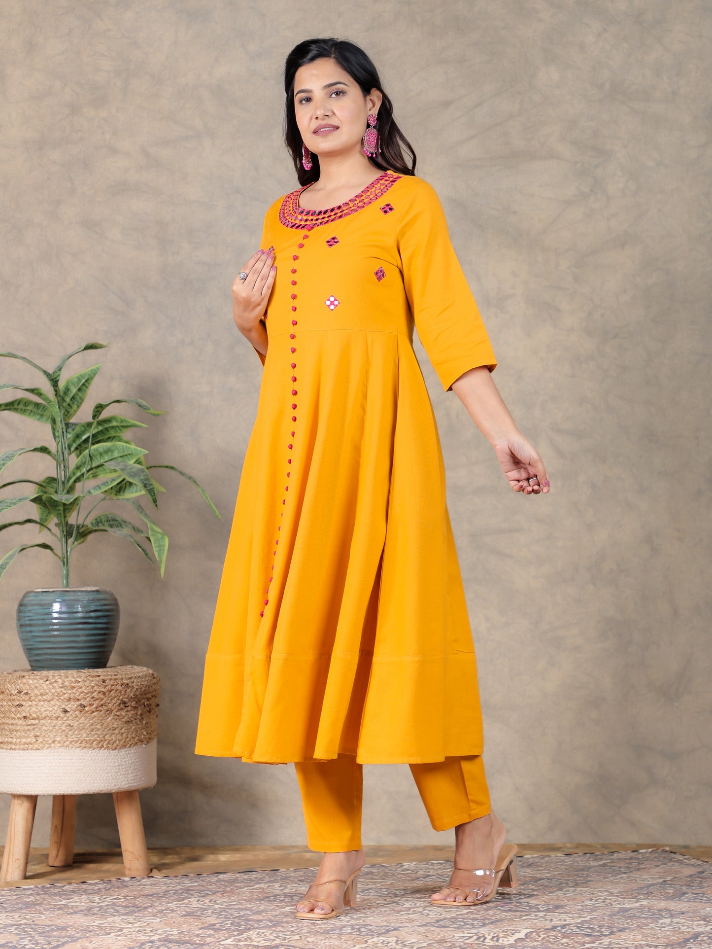 Embroidered Linen Cotton Solid Anarkali Yellow Kurta