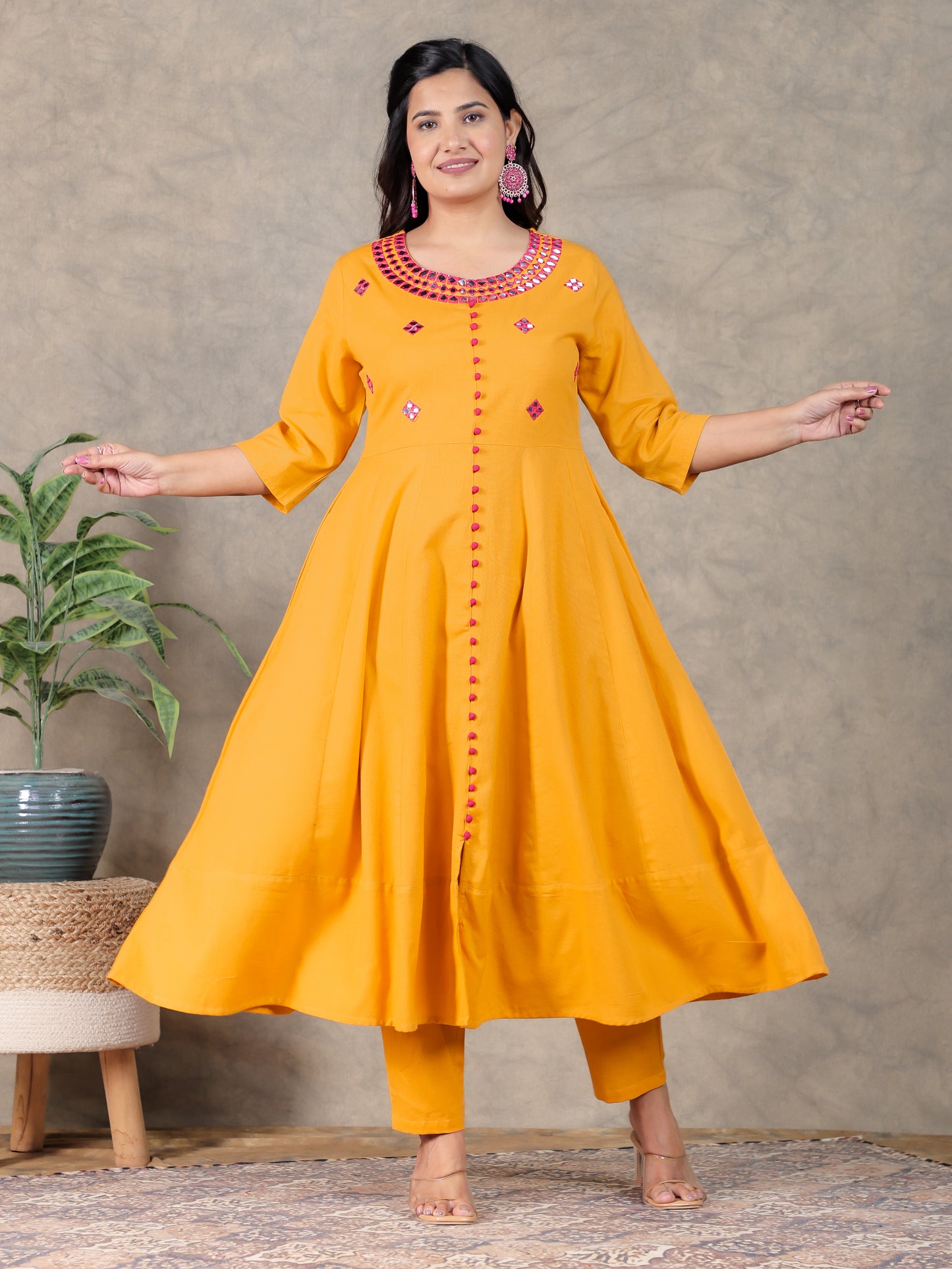 Embroidered Linen Cotton Solid Anarkali Yellow Kurta