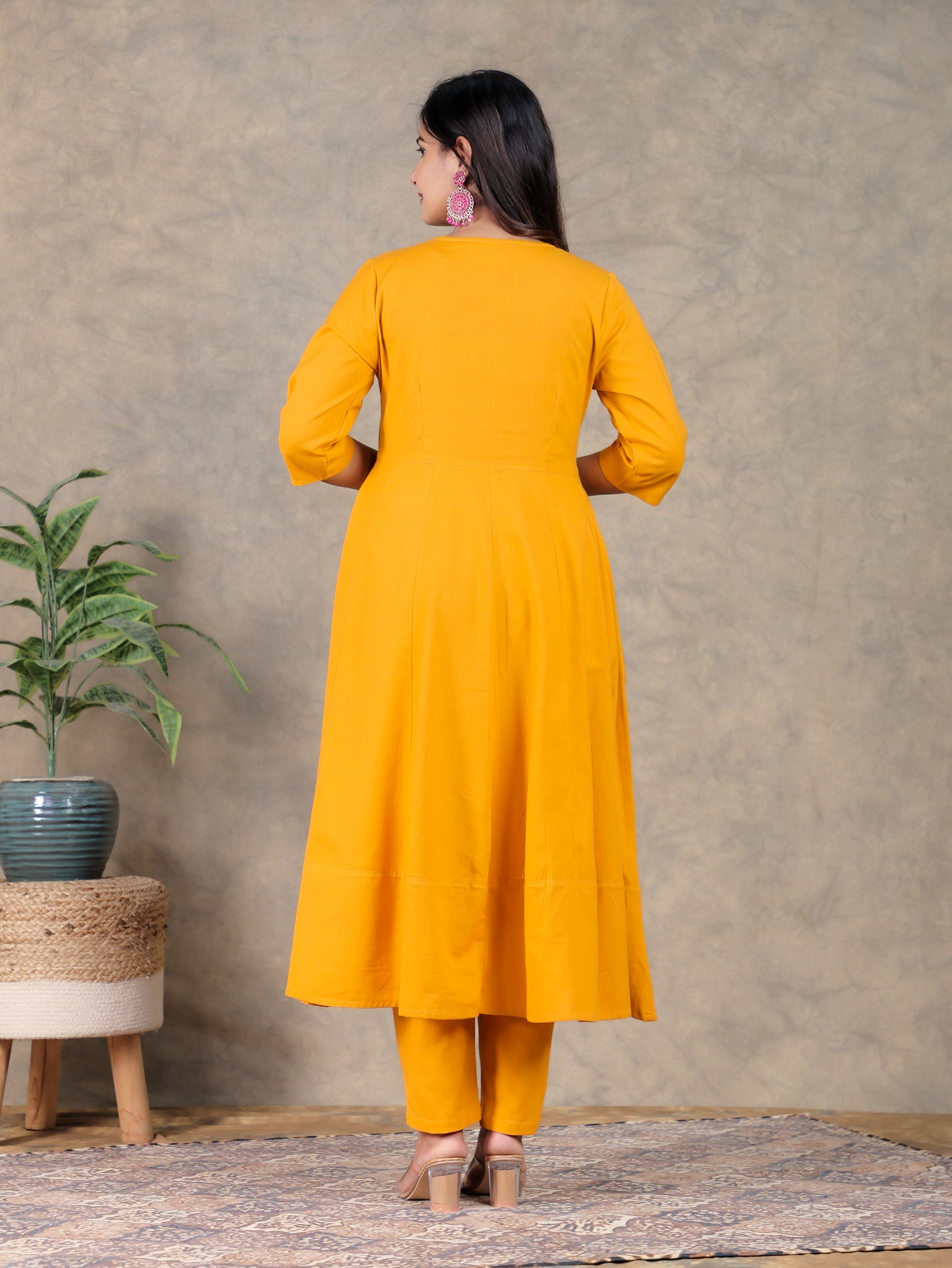 Embroidered Linen Cotton Solid Anarkali Yellow Kurta