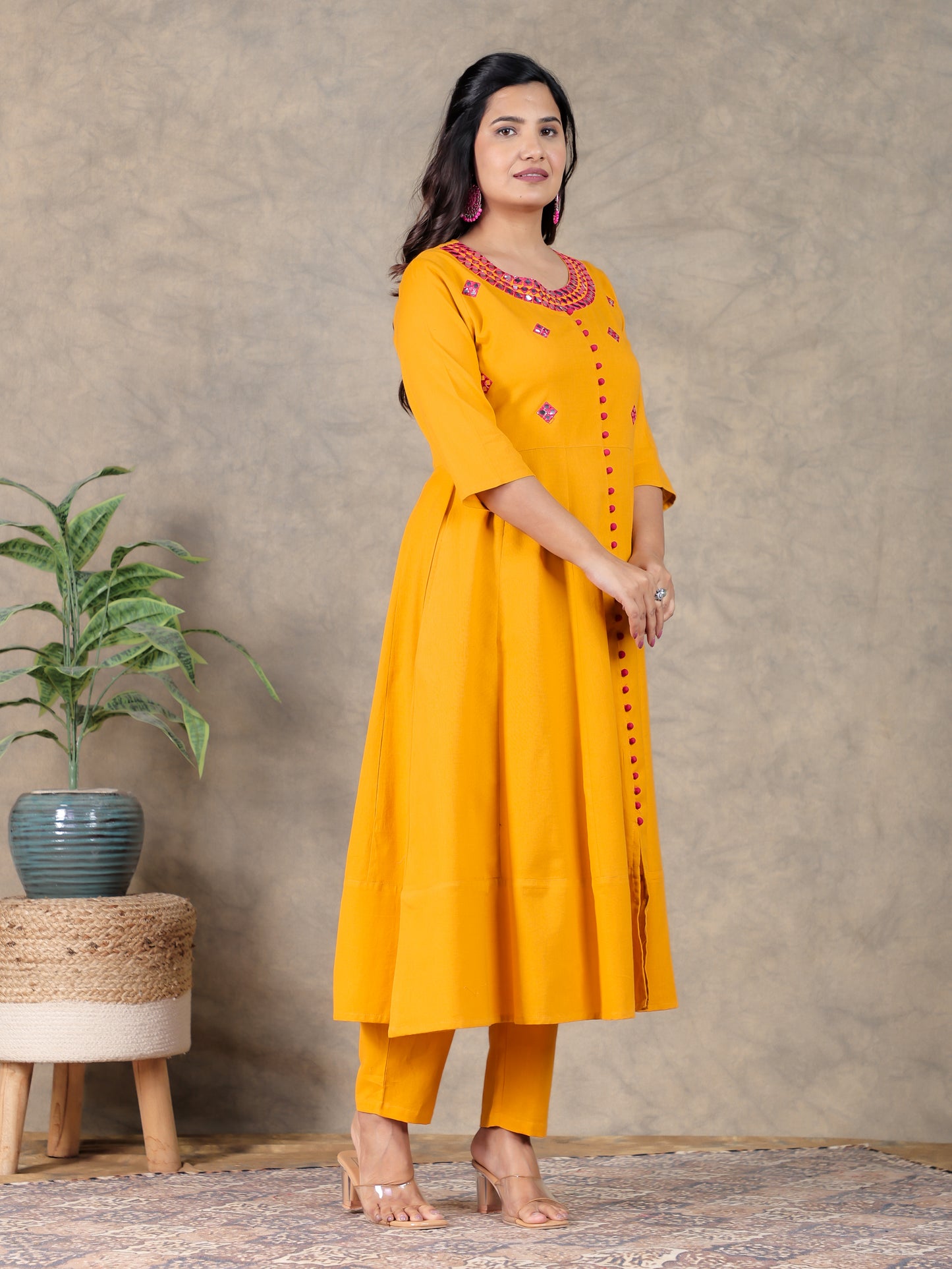 Embroidered Linen Cotton Solid Anarkali Yellow Kurta