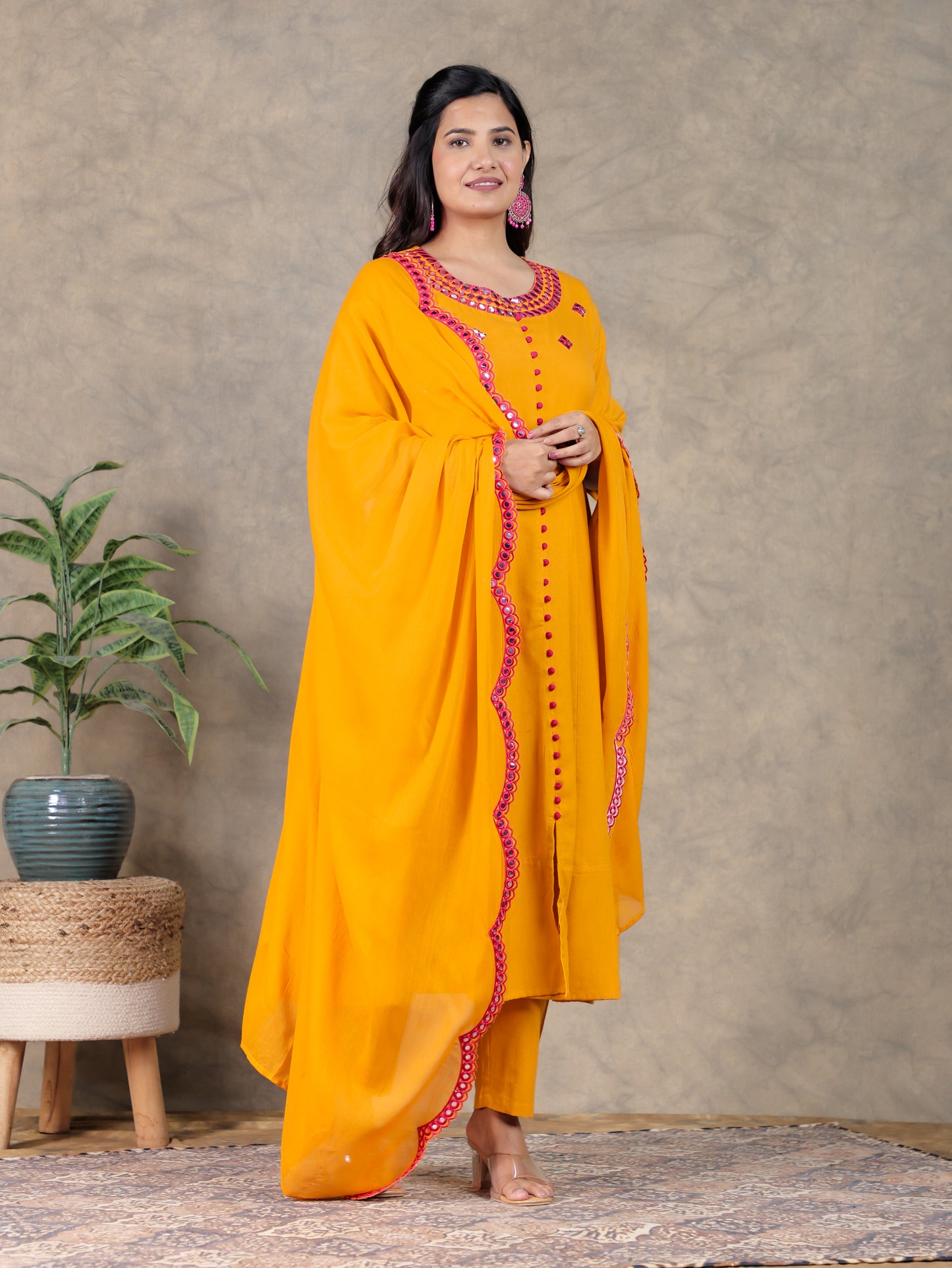 Embroidered Linen Cotton Solid Anarkali Yellow Kurta