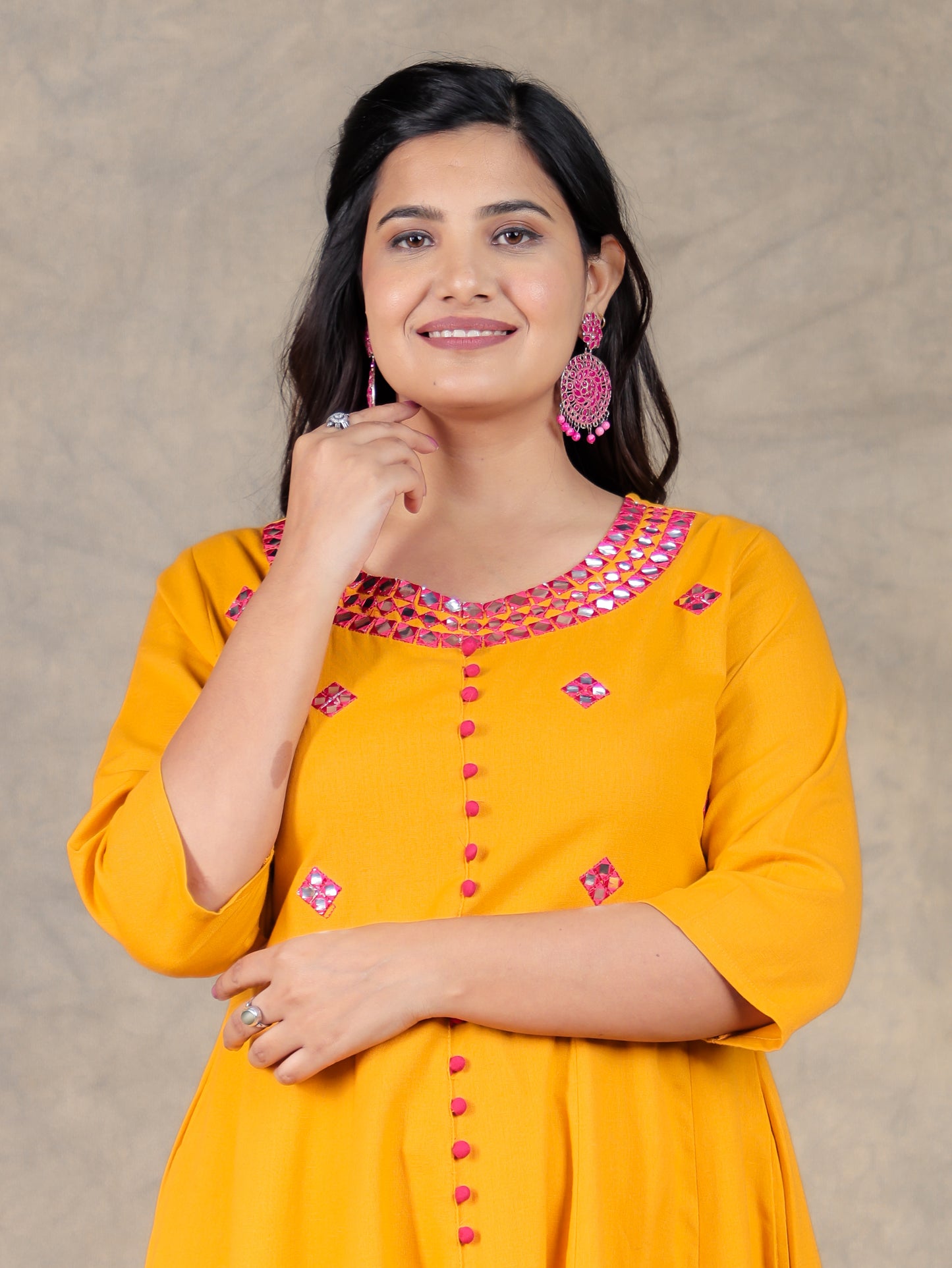 Embroidered Linen Cotton Solid Anarkali Yellow Kurta