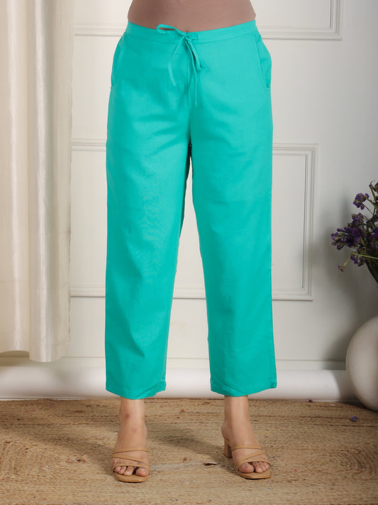 Linen Cotton Solid Sea Green Straight Trousers