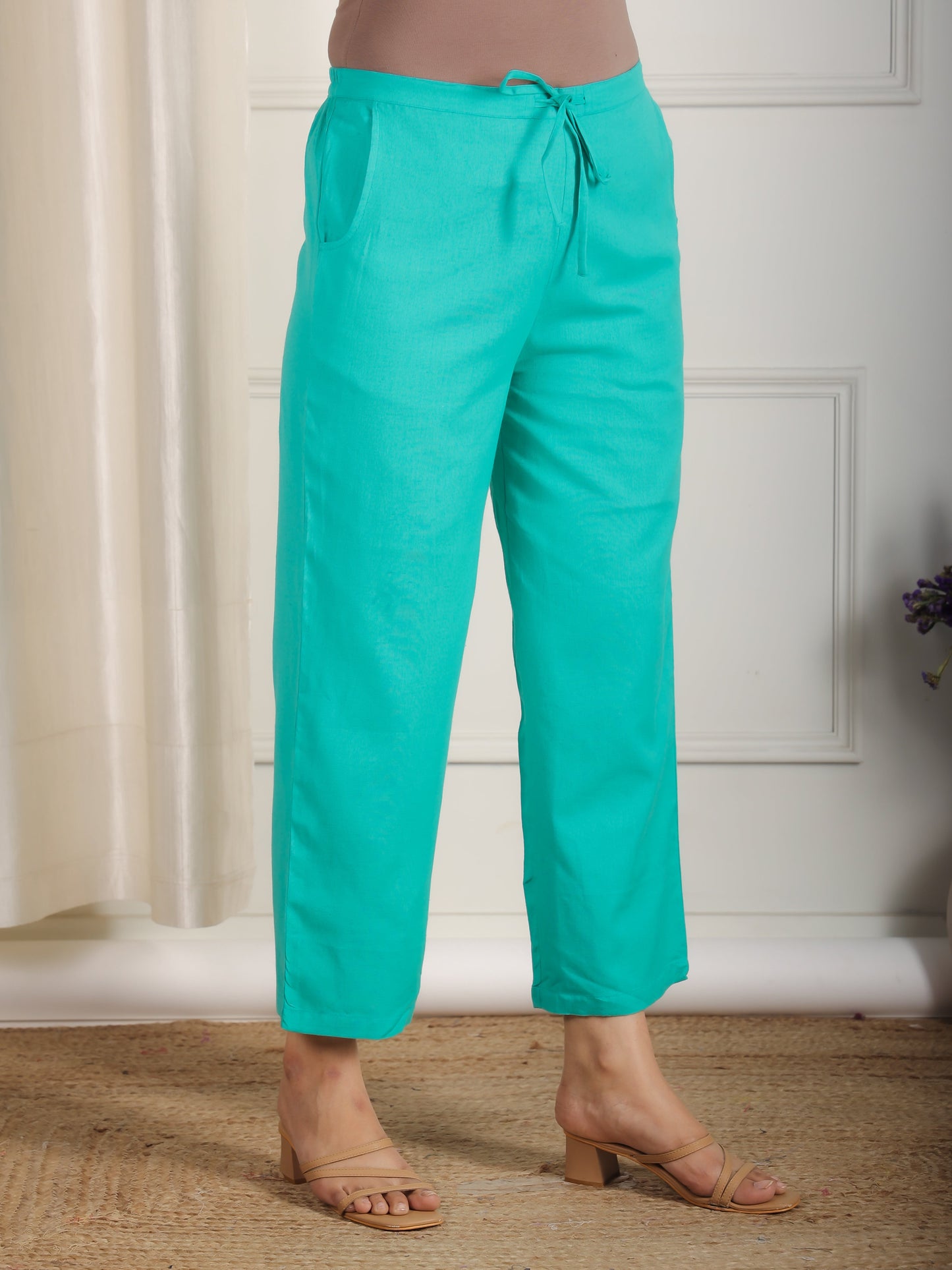 Linen Cotton Solid Sea Green Straight Trousers