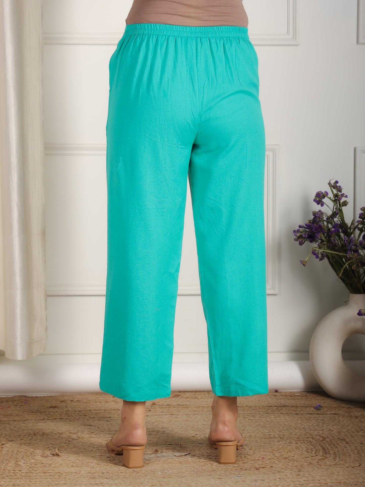 Linen Cotton Solid Sea Green Straight Trousers
