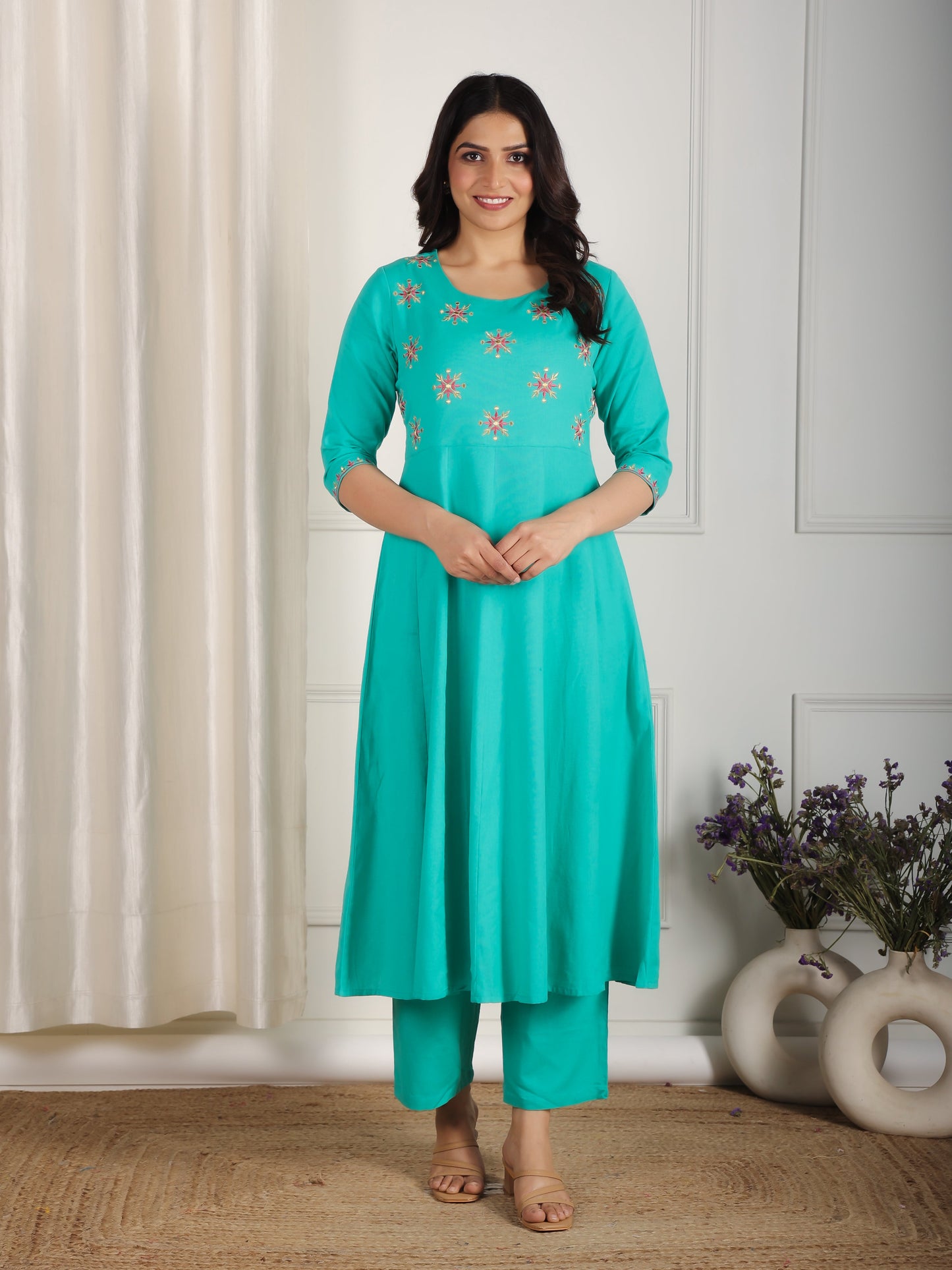Embroidered Linen Cotton Solid Anarkali Sea Green Kurta