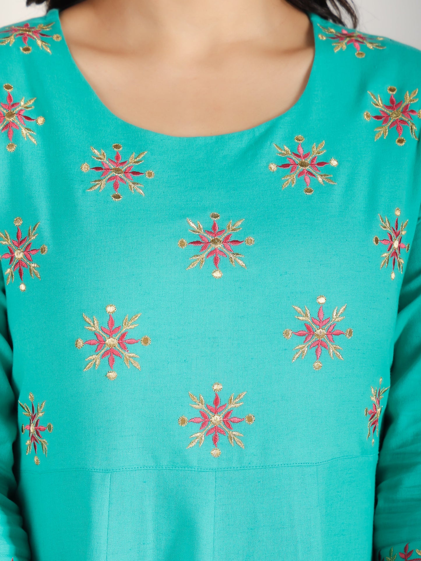 Embroidered Linen Cotton Solid Anarkali Sea Green Kurta