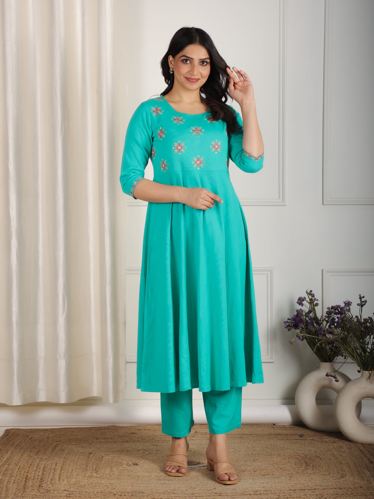 Embroidered Linen Cotton Solid Anarkali Sea Green Kurta