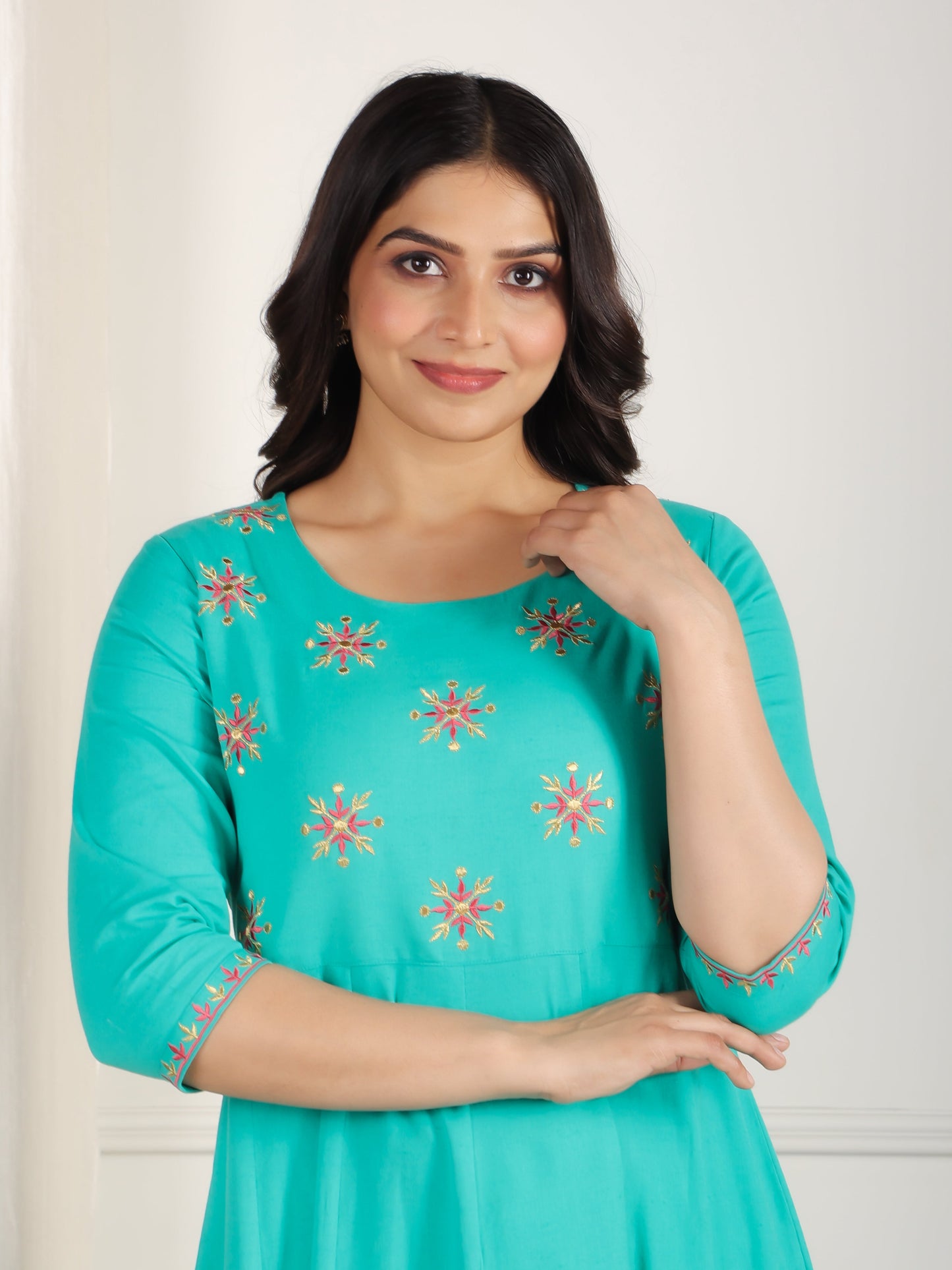 Embroidered Linen Cotton Solid Anarkali Sea Green Kurta