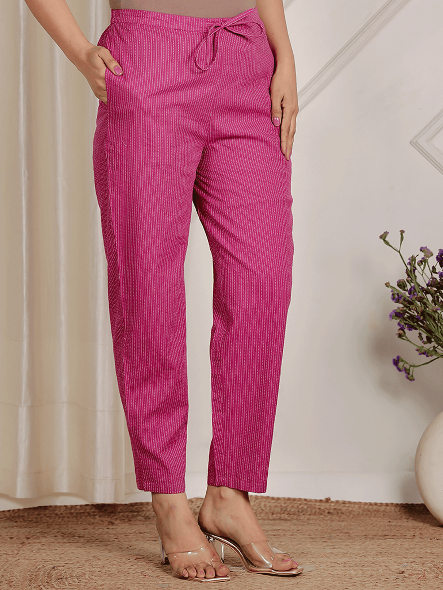Kantha Cotton Solid Purple Tapered Trousers