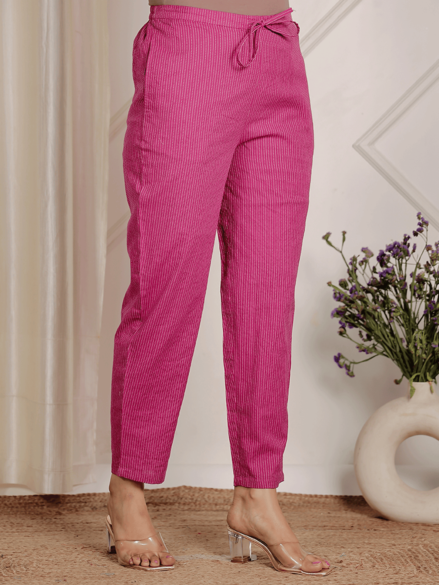 Kantha Cotton Solid Purple Tapered Trousers