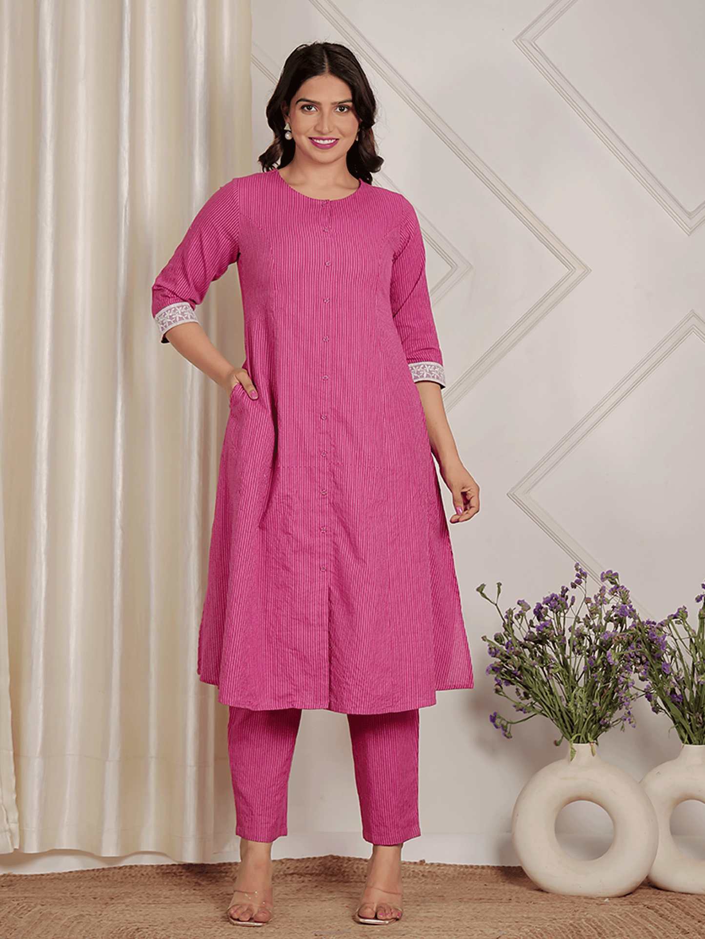 Kantha Cotton Solid A-line Purple Kurta