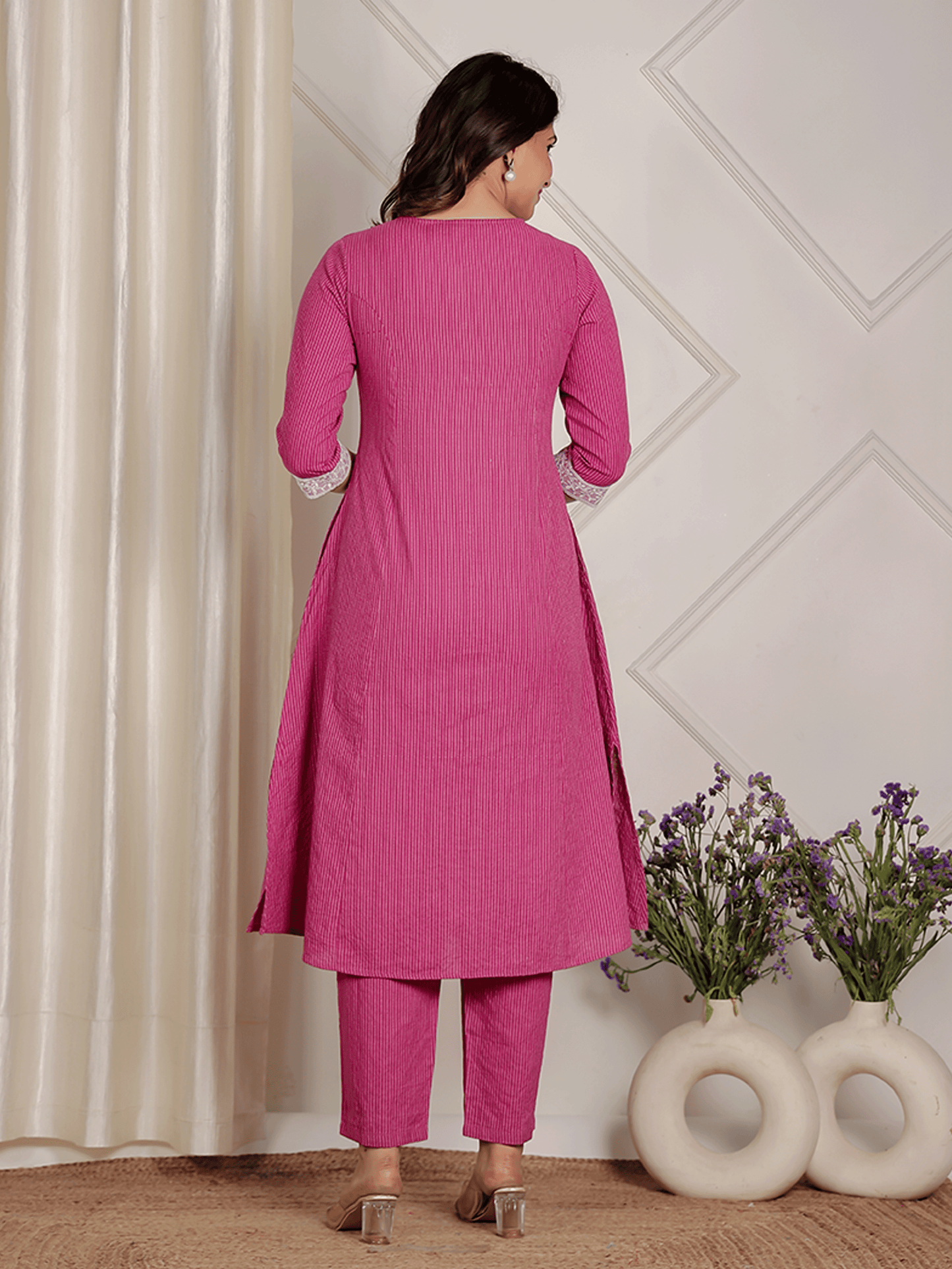 Kantha Cotton Solid A-line Purple Kurta