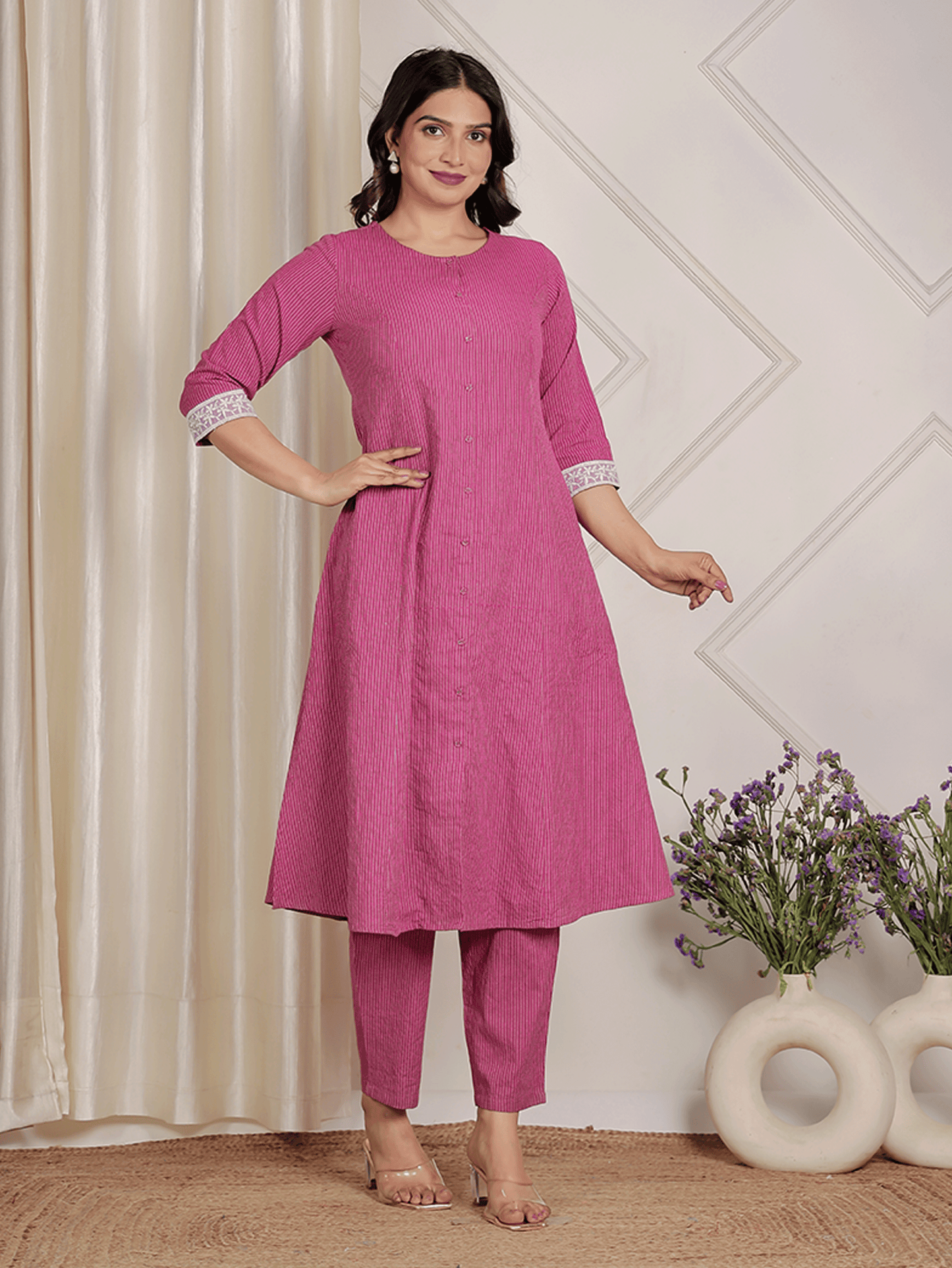 Kantha Cotton Solid A-line Purple Kurta