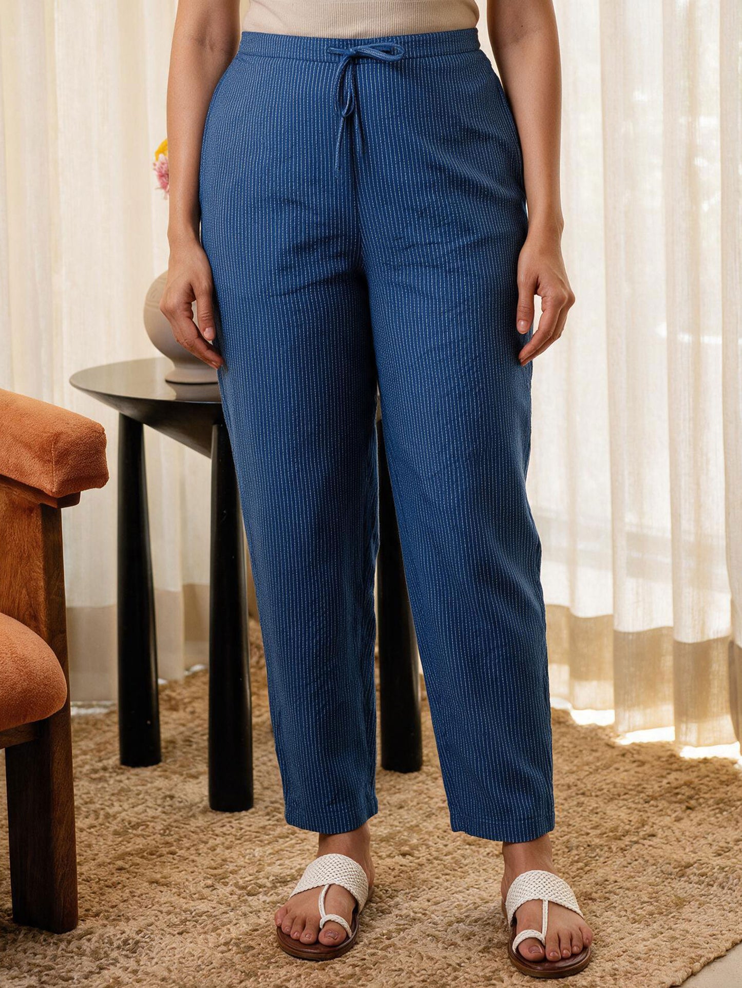 Kantha Cotton Solid Blue Tapered Trousers