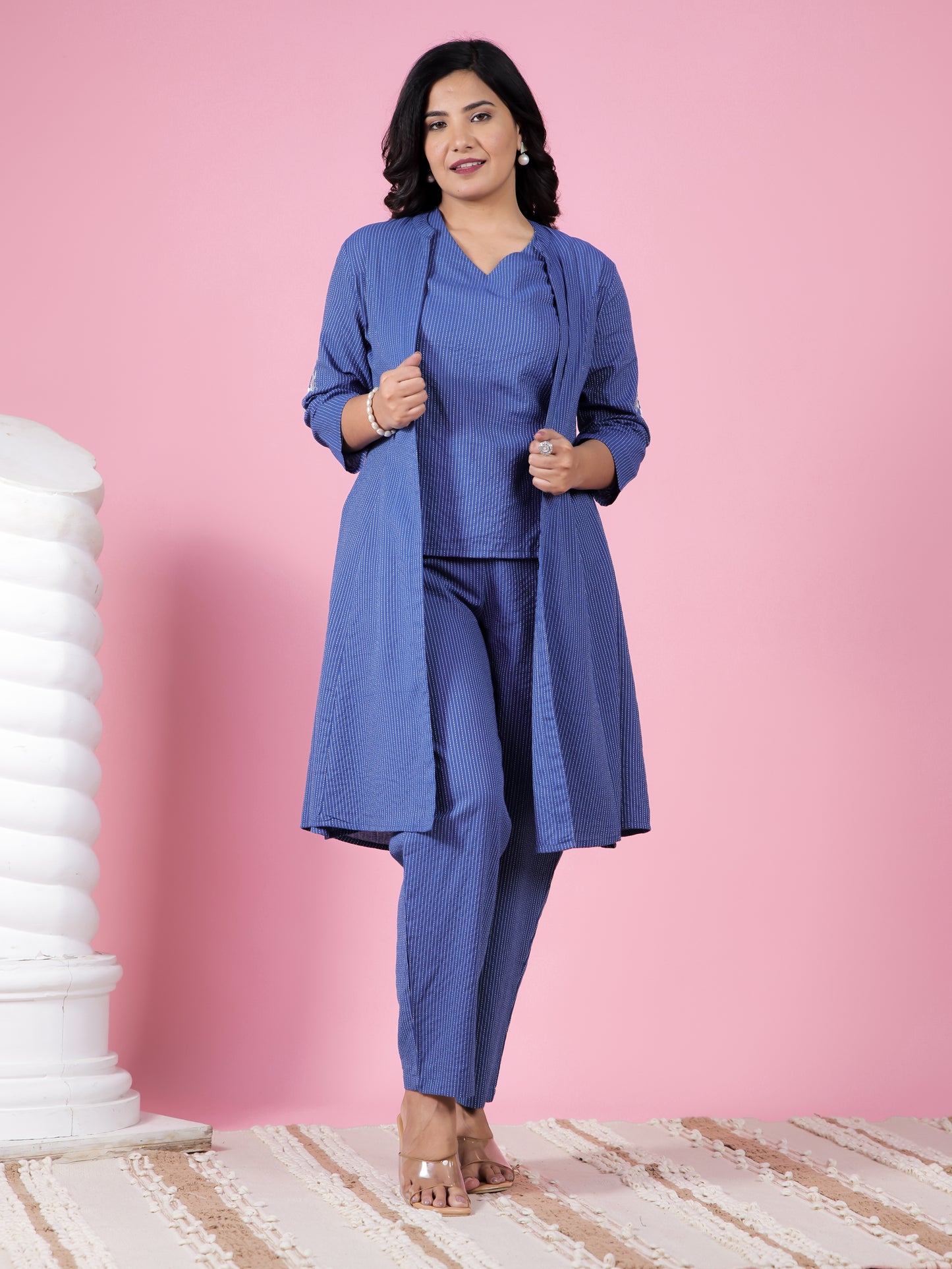 Embroidered Kantha Cotton Solid A-line Blue Jacket
