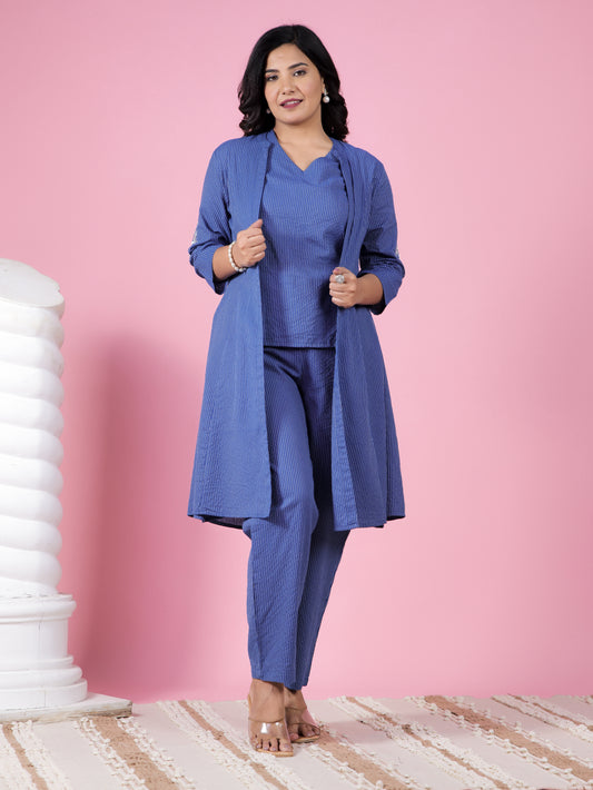 Embroidered Kantha Cotton Solid A-line Blue Jacket