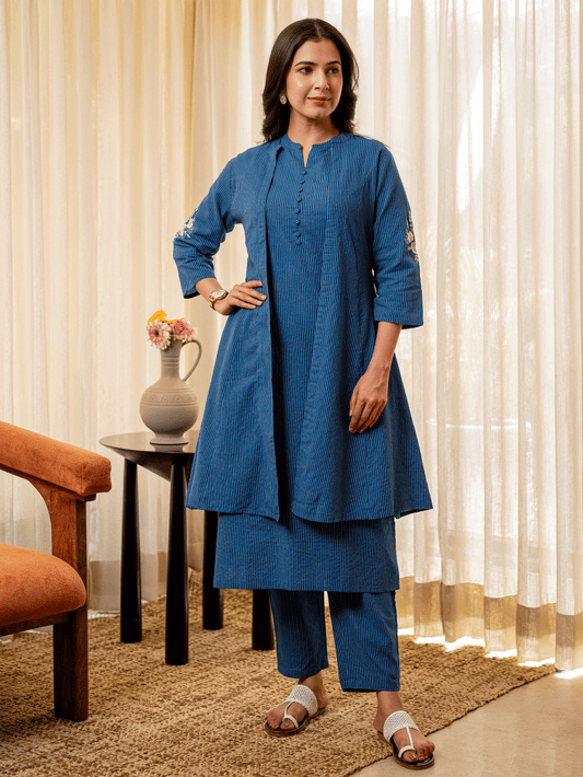 Embroidered Kantha Cotton Solid A-line Blue Jacket