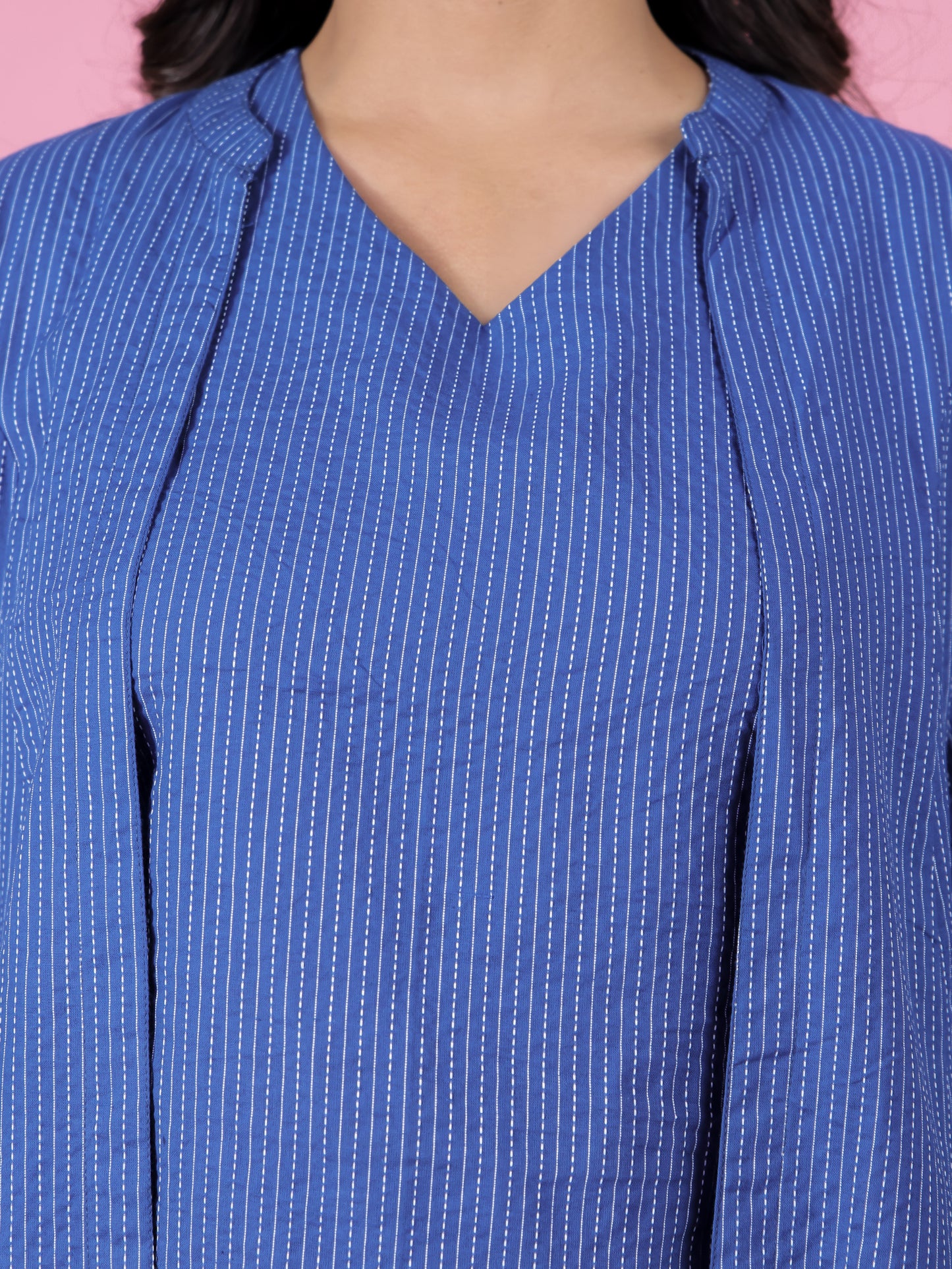 Kantha Cotton Solid Straight Blue Kurti