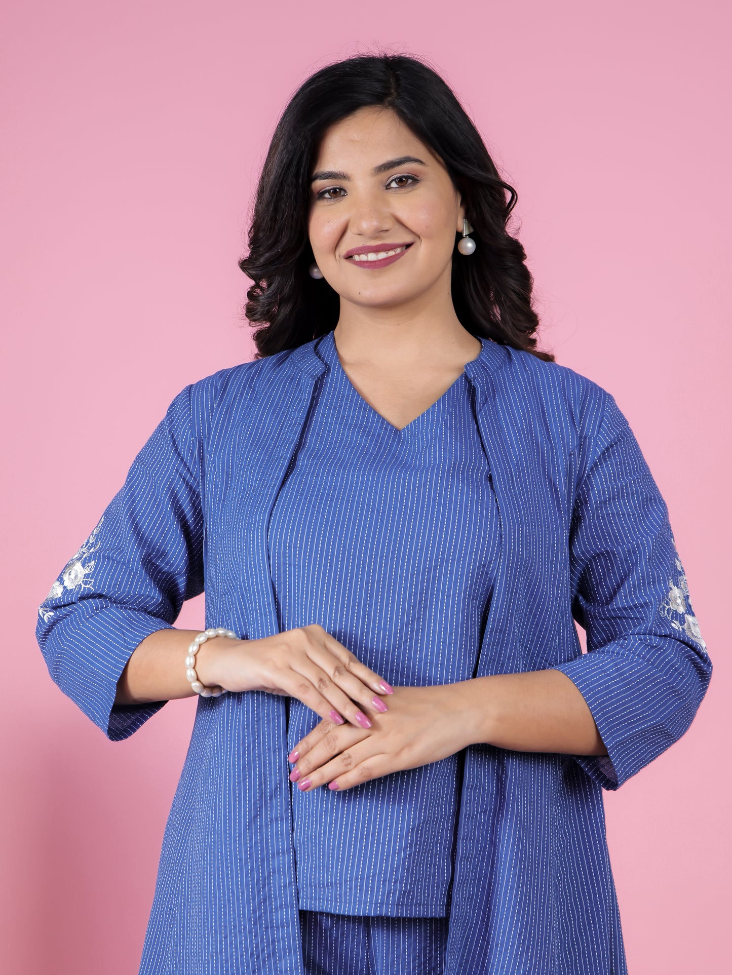 Kantha Cotton Solid Straight Blue Kurti