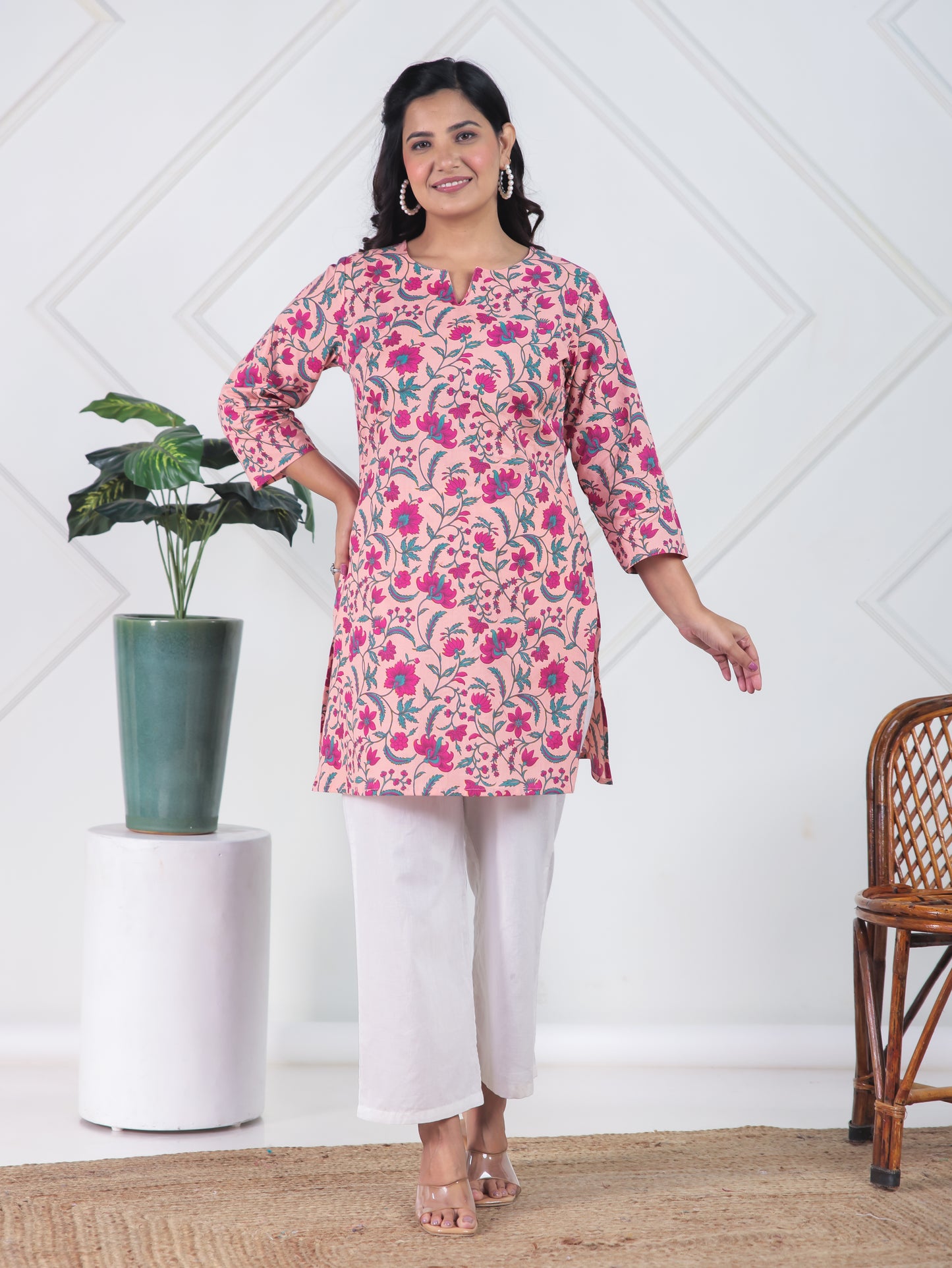 Soft Cotton Floral Straight Peach Kurta