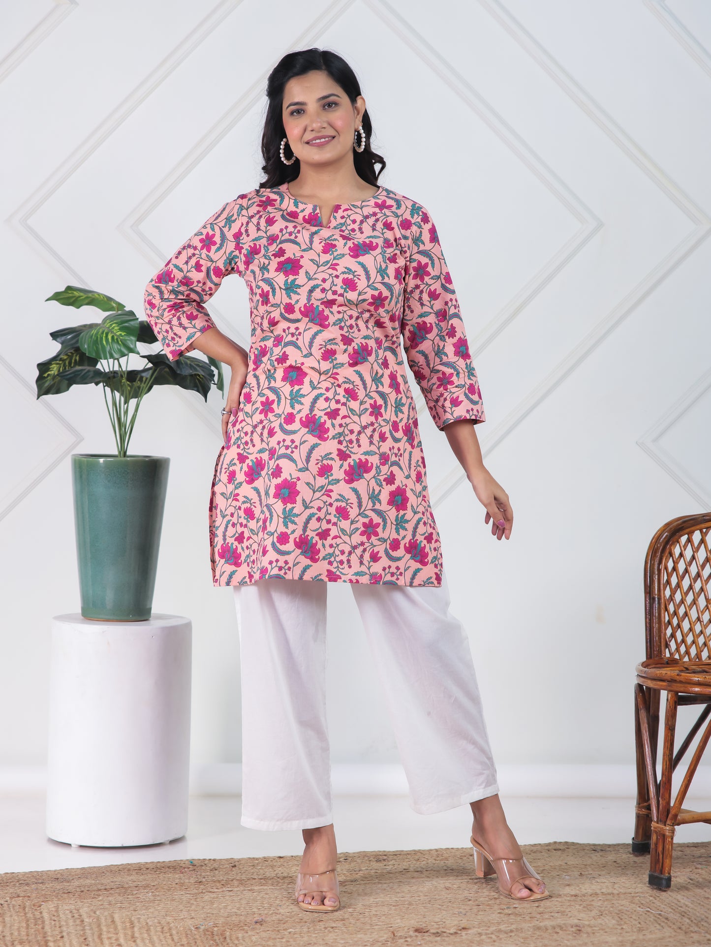 Soft Cotton Floral Straight Peach Kurta