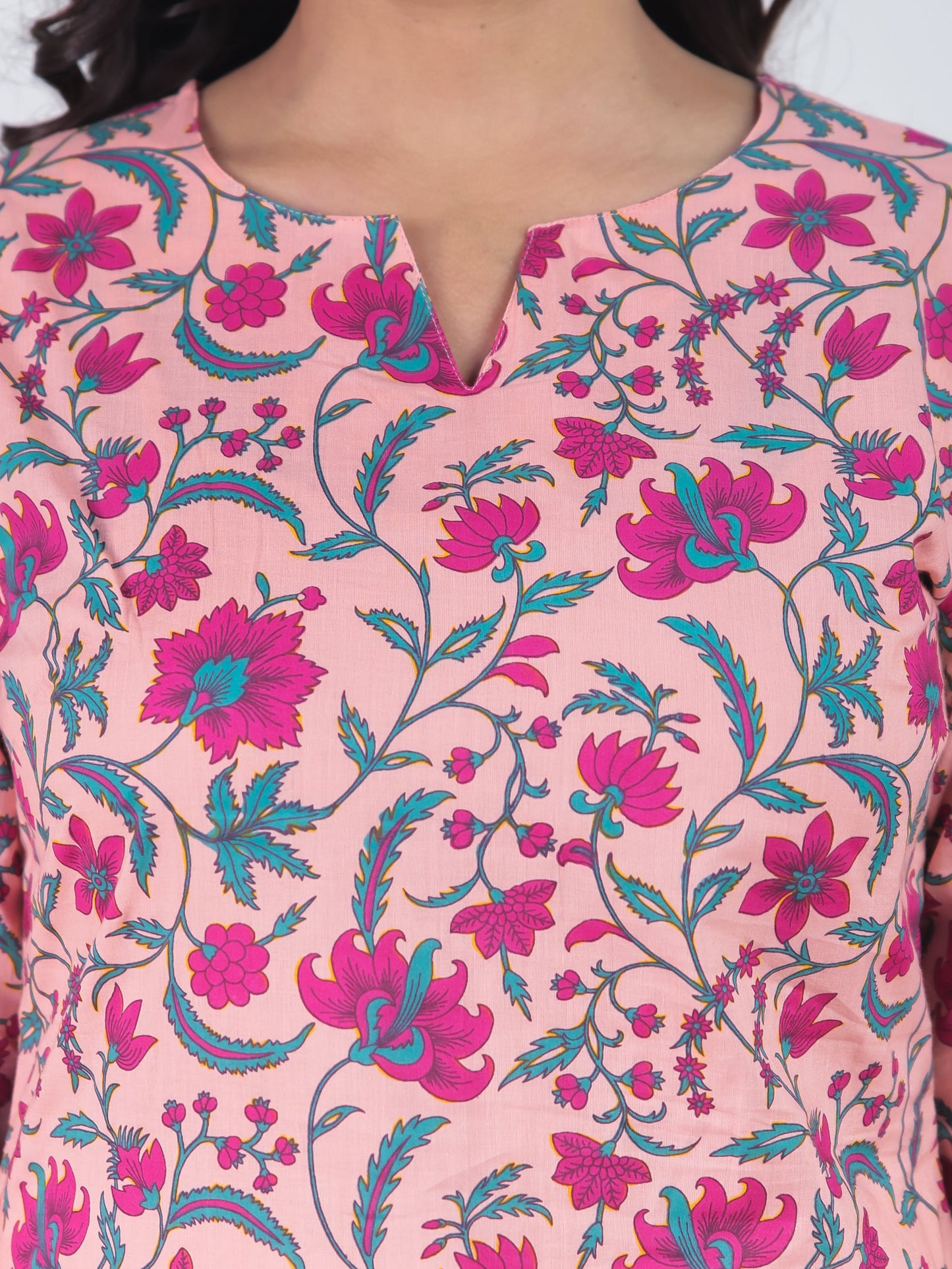 Soft Cotton Floral Straight Peach Kurta