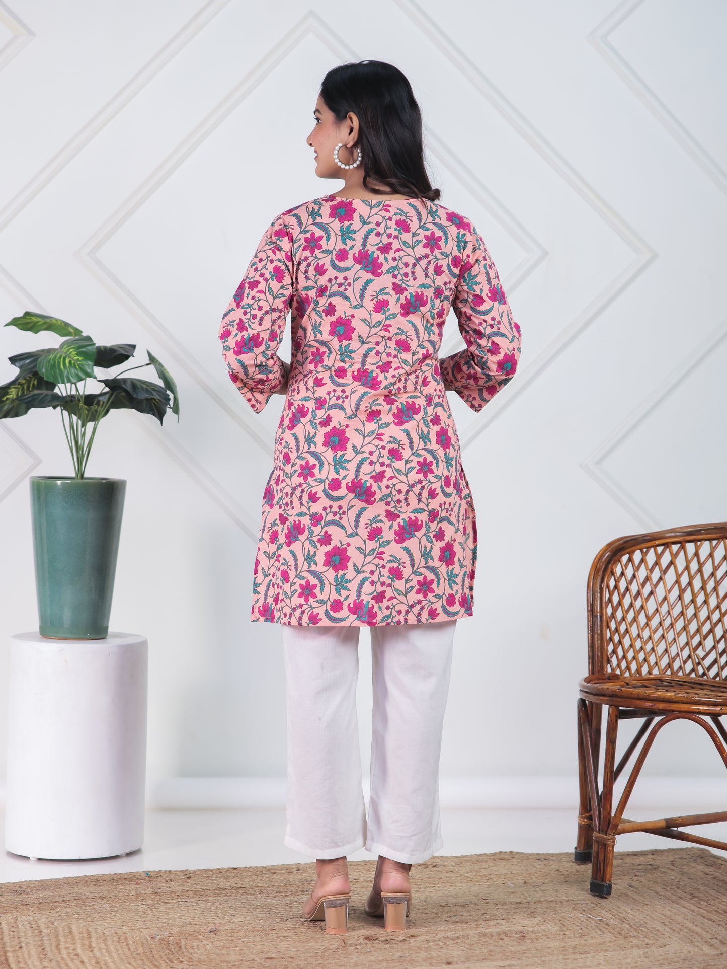 Soft Cotton Floral Straight Peach Kurta