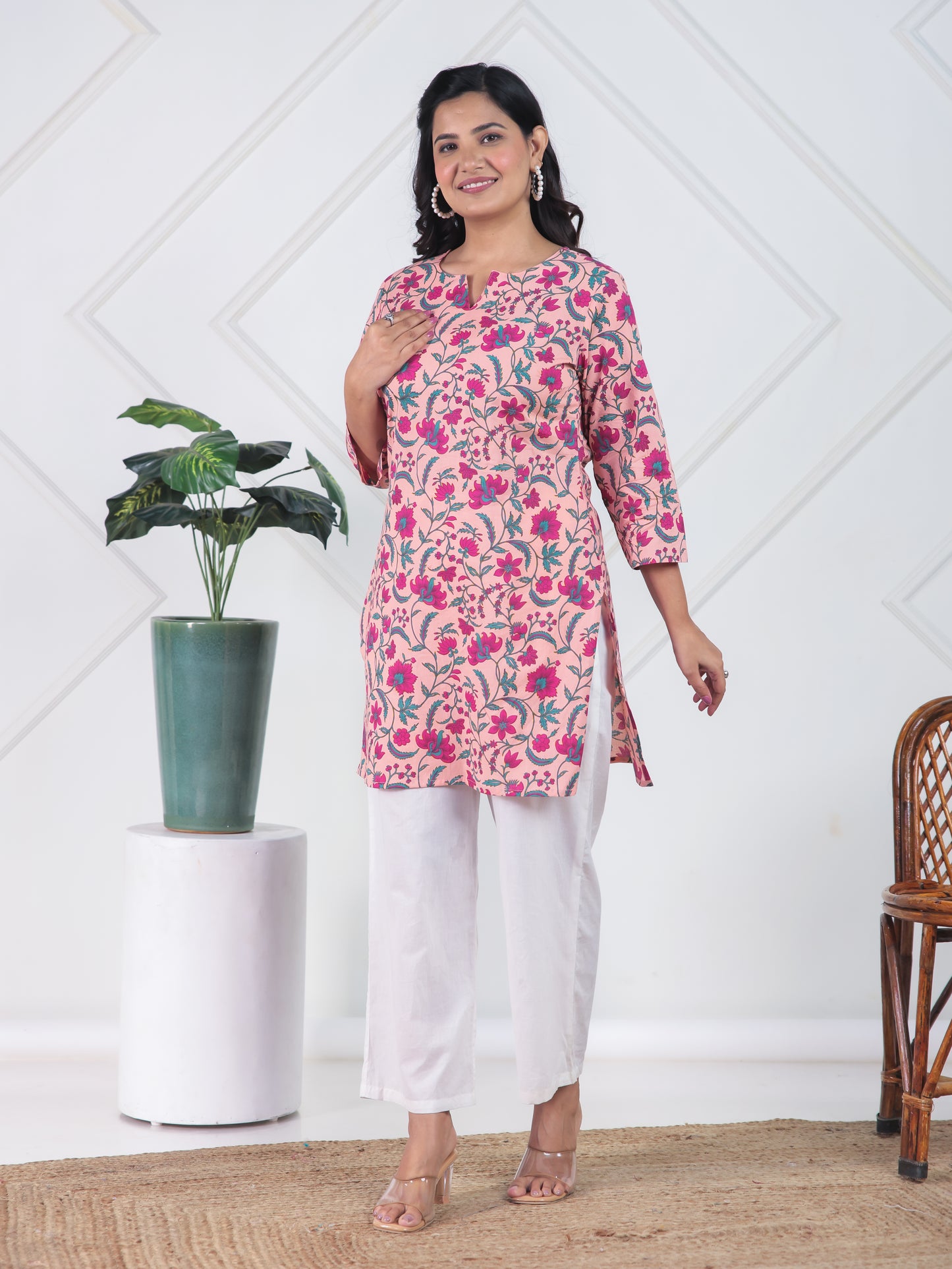 Soft Cotton Floral Straight Peach Kurta
