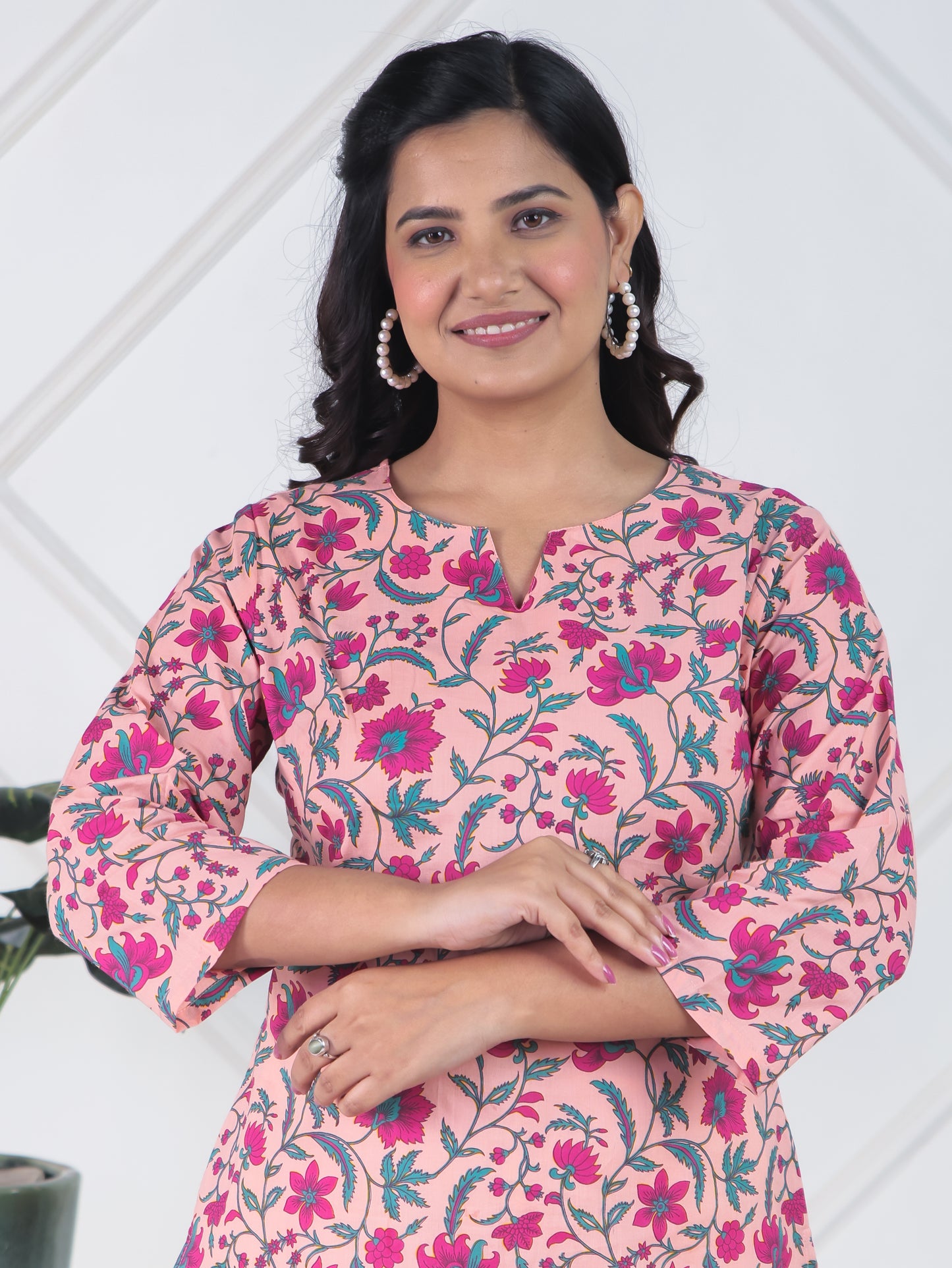 Soft Cotton Floral Straight Peach Kurta